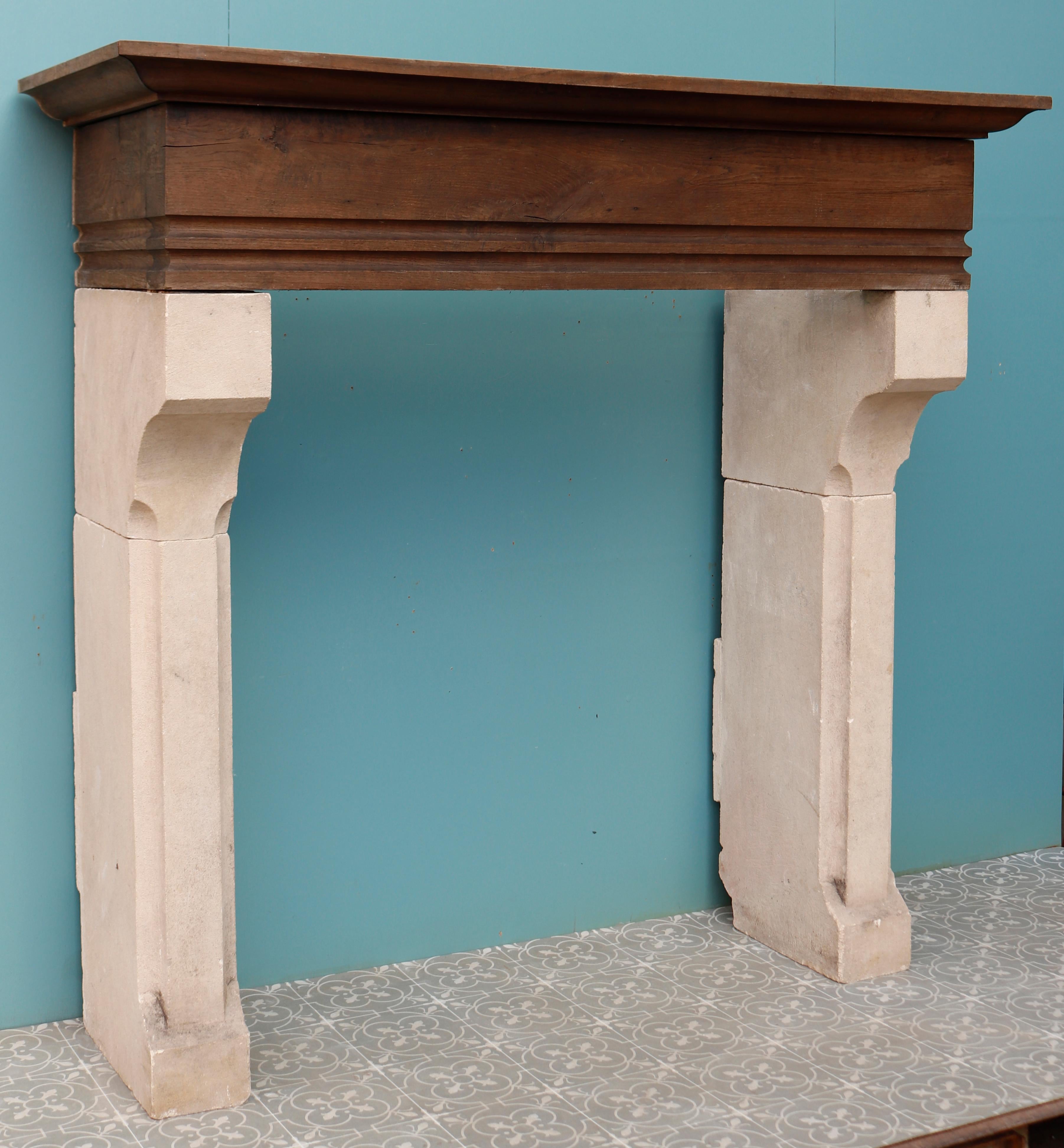 French Limestone and Oak Fireplace Mantel For Sale 2