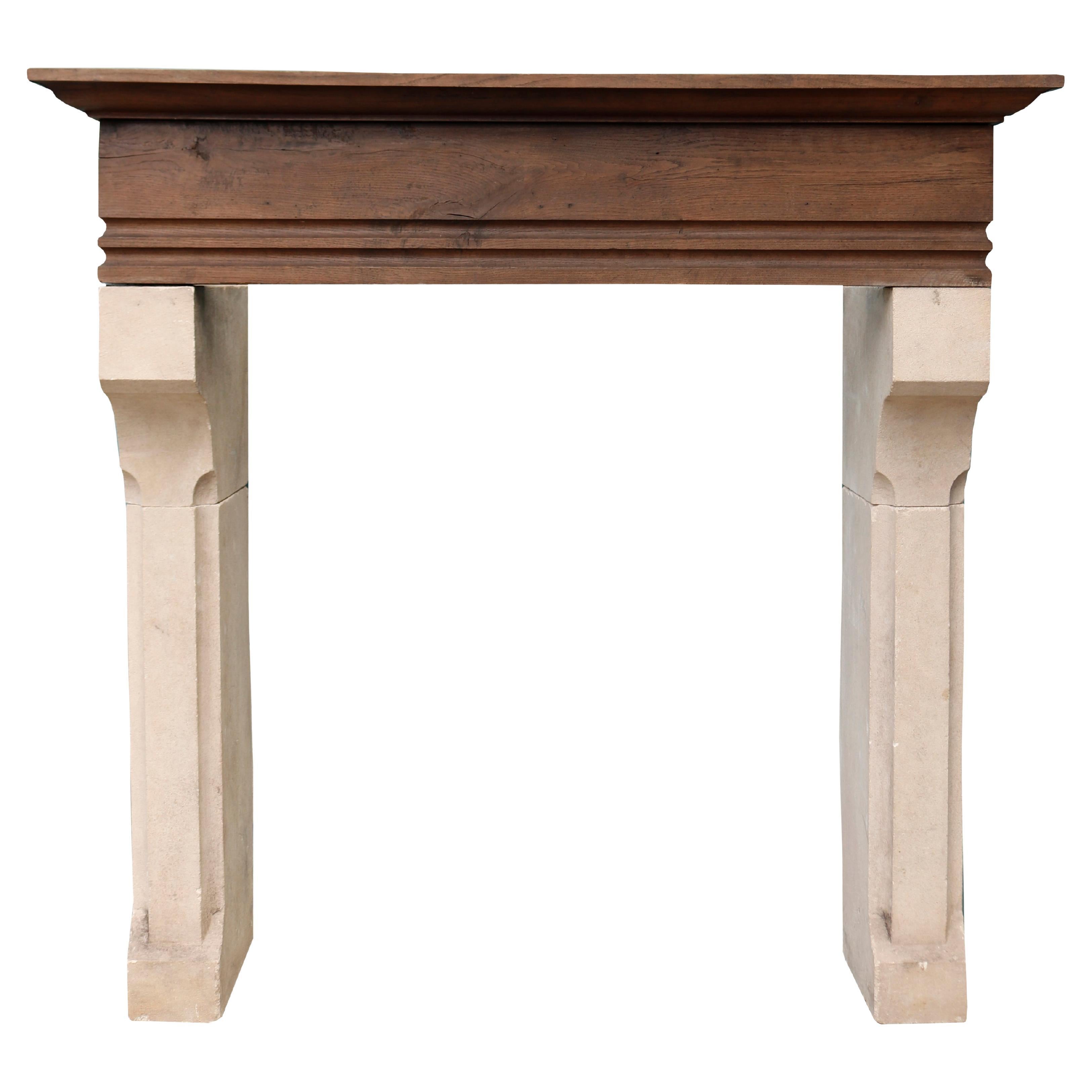French Limestone and Oak Fireplace Mantel For Sale