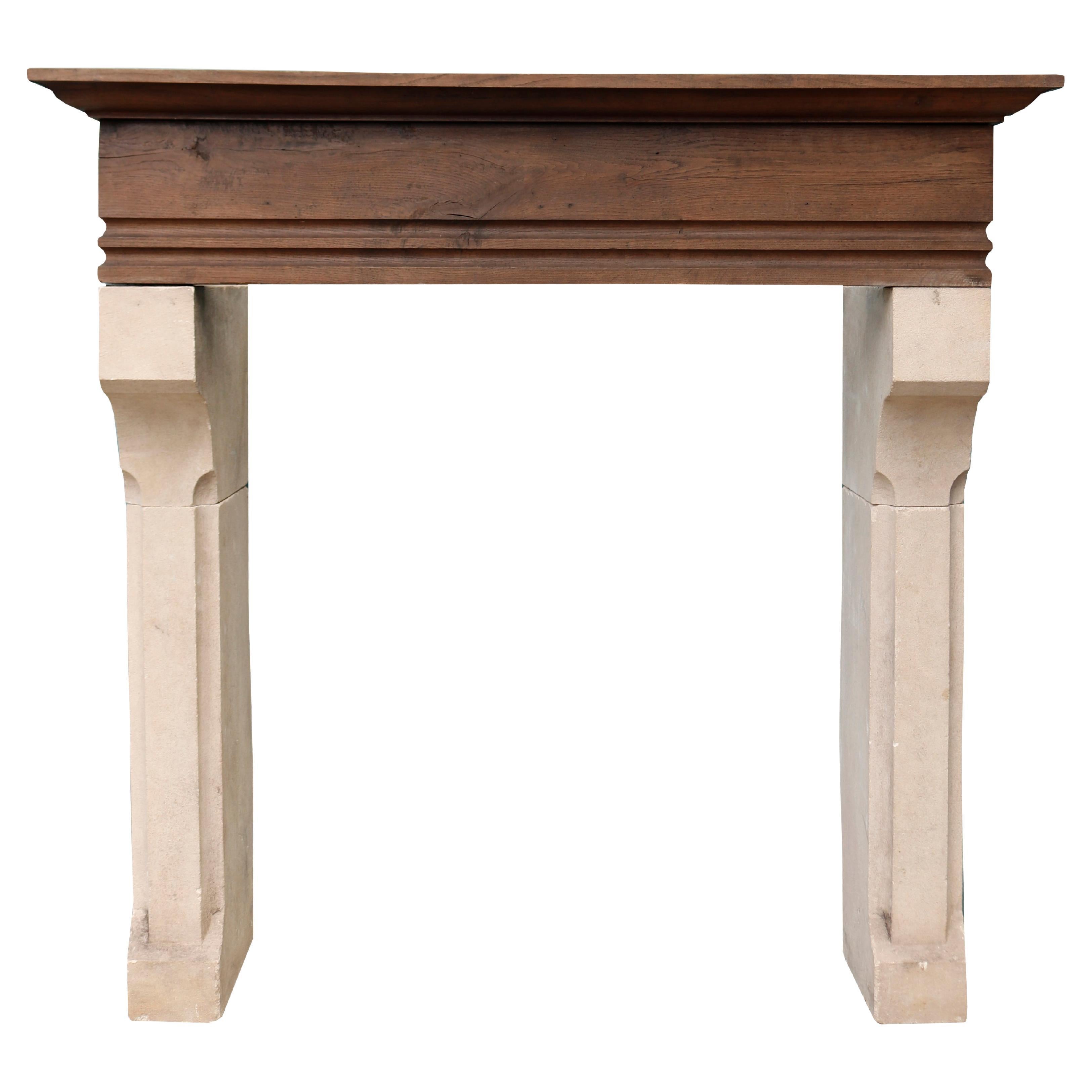 French Limestone and Oak Fireplace Mantel