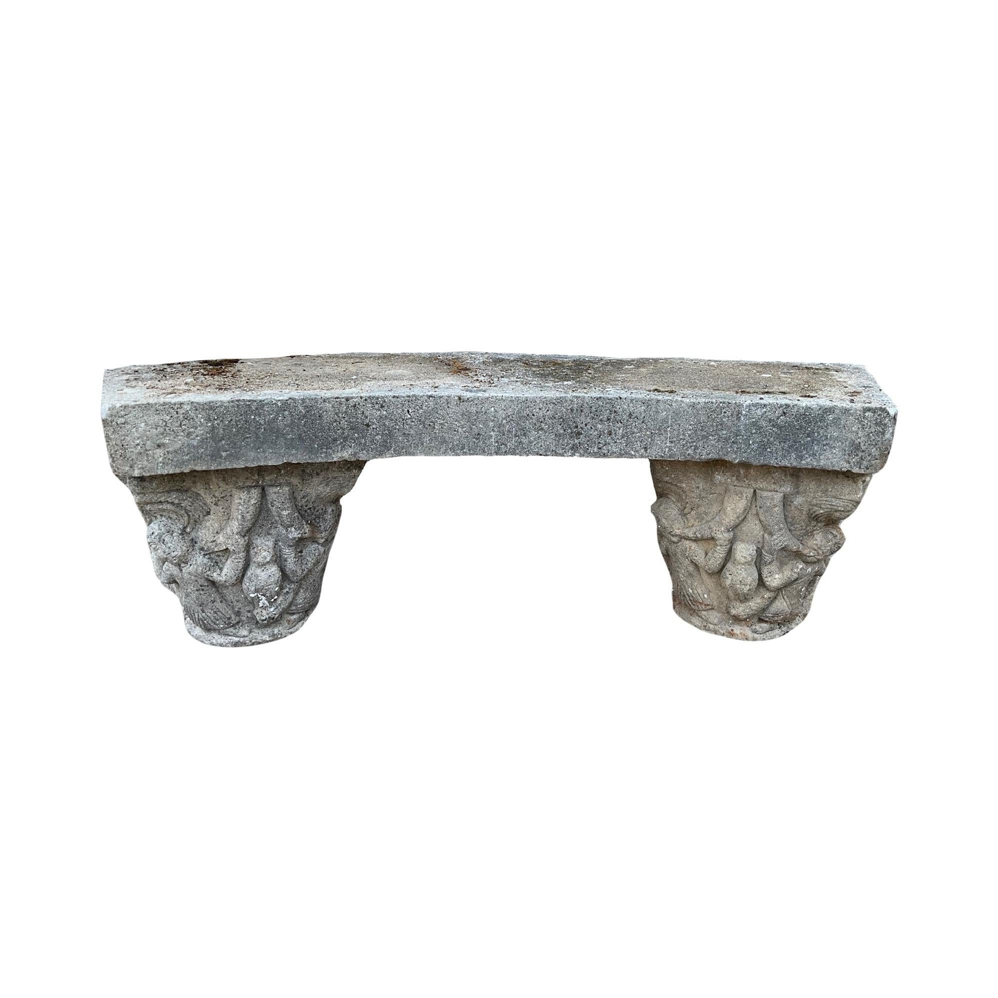 This French Limestone Bench offers a timeless blend of style and practicality, crafted from limestone and inspired by the 17th-century low-line bench style. Carved figures adorn the circular bases, while the three-piece design ensures versatility