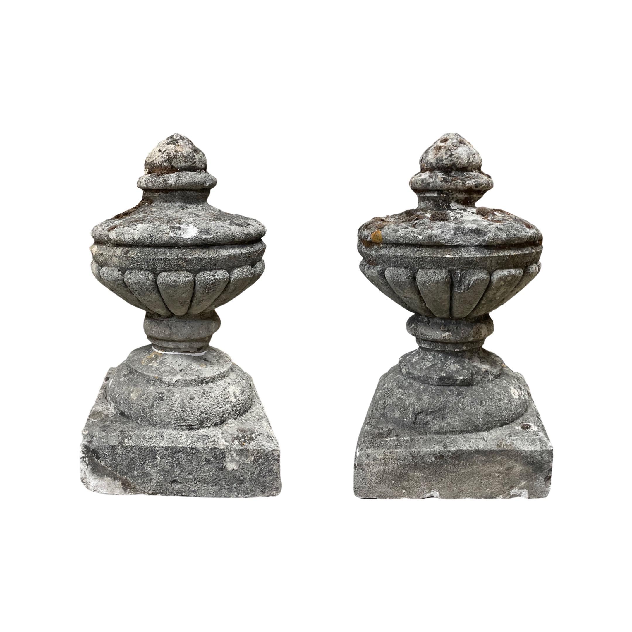 This pair of French Limestone Finals from circa 1750 is a beautiful addition to any home. Crafted in France out of limestone, these finials offer a classic, timeless design. Each piece is carefully sculpted and tested to ensure quality. Add a touch