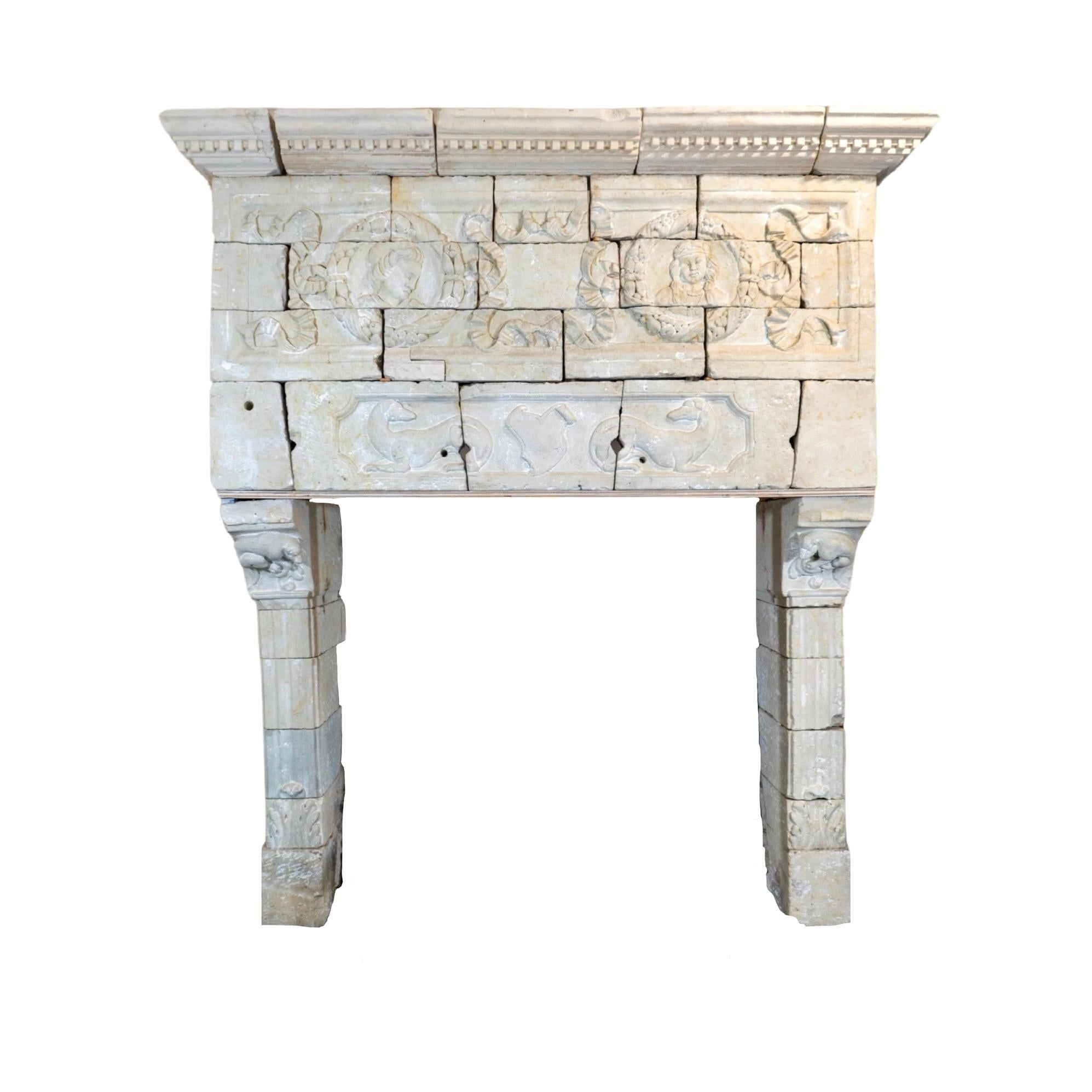 Expertly crafted from French limestone, this massive fireplace mantel is a true Renaissance treasure. Originating from the Loire Valley in France, this 1620 Betrothal Mantel features intricate carvings that exude elegance and sophistication. With
