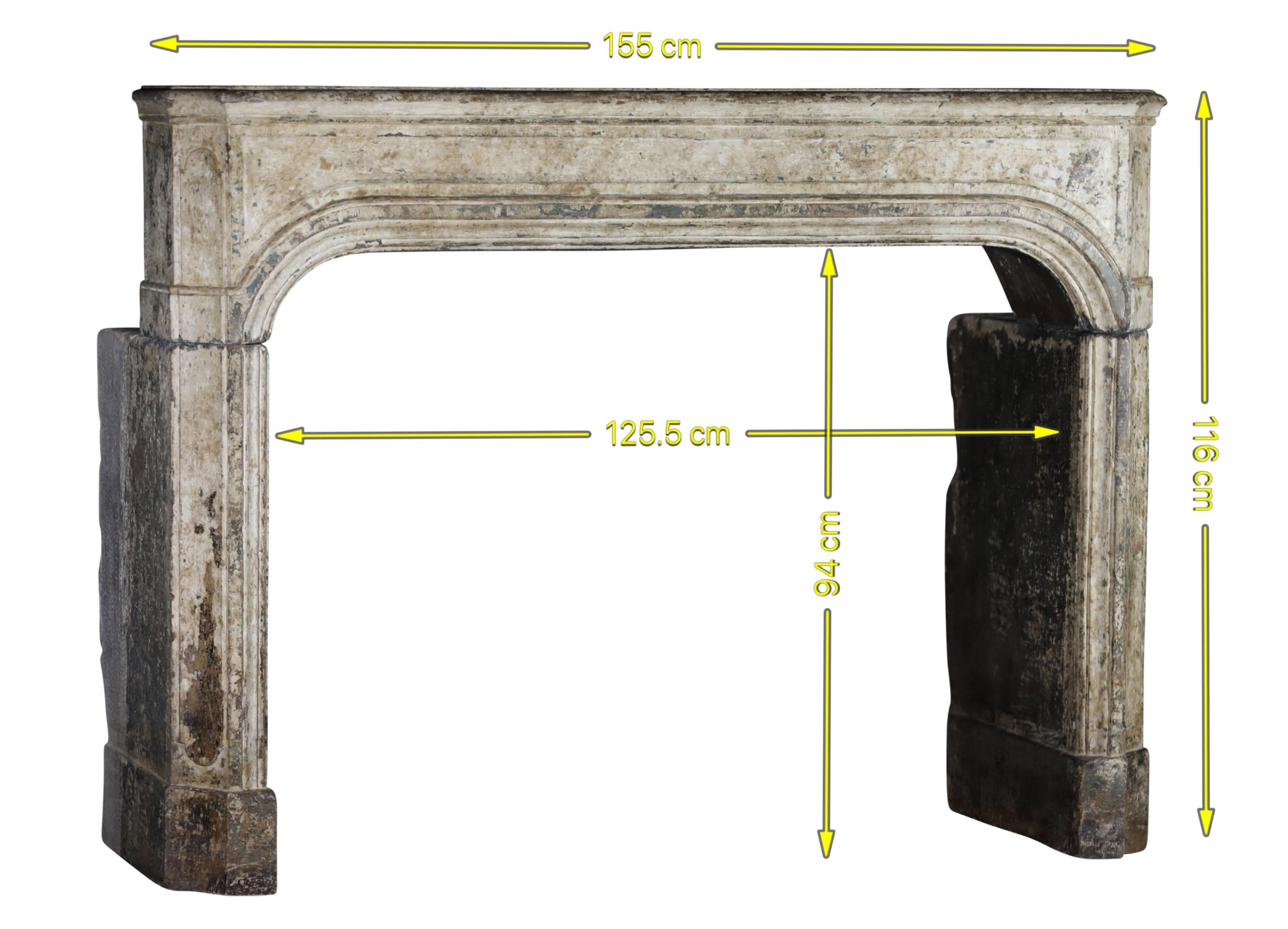 Eccezionale caminetto francese in pietra calcarea per una vita senza tempo. Si tratta di una cornice per camino in pietra calcarea originale del periodo Luigi XIV. Le proporzioni sono perfette per una stanza piccola. L'abbondanza di patine