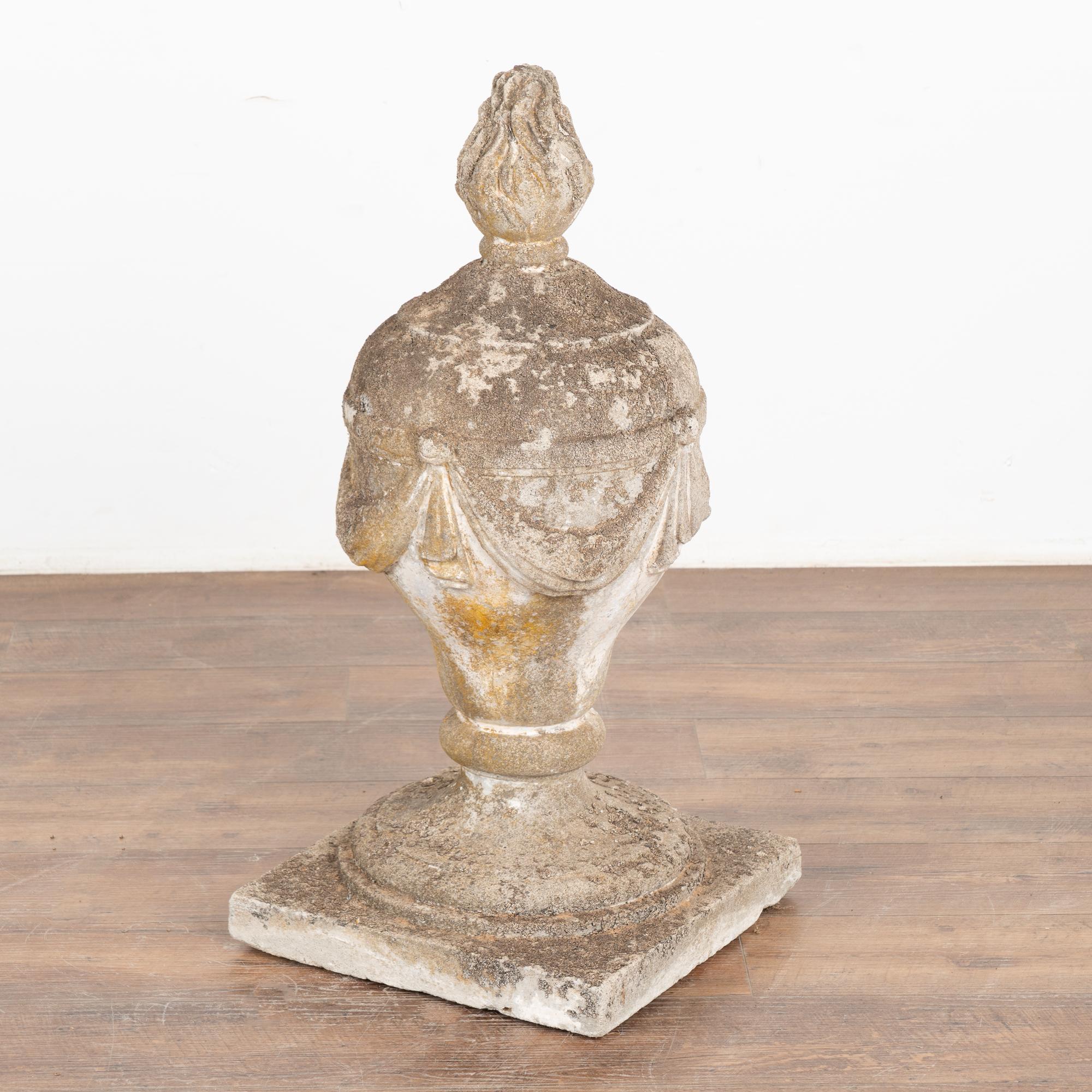 French limestone garden sculpture/finial. 
The aged patina including distress to finish, wear, old lichen/stains, minor cracks, all reflect generations of sitting outside in the elements resulting in an authentic aged appeal.

With over 37 years of