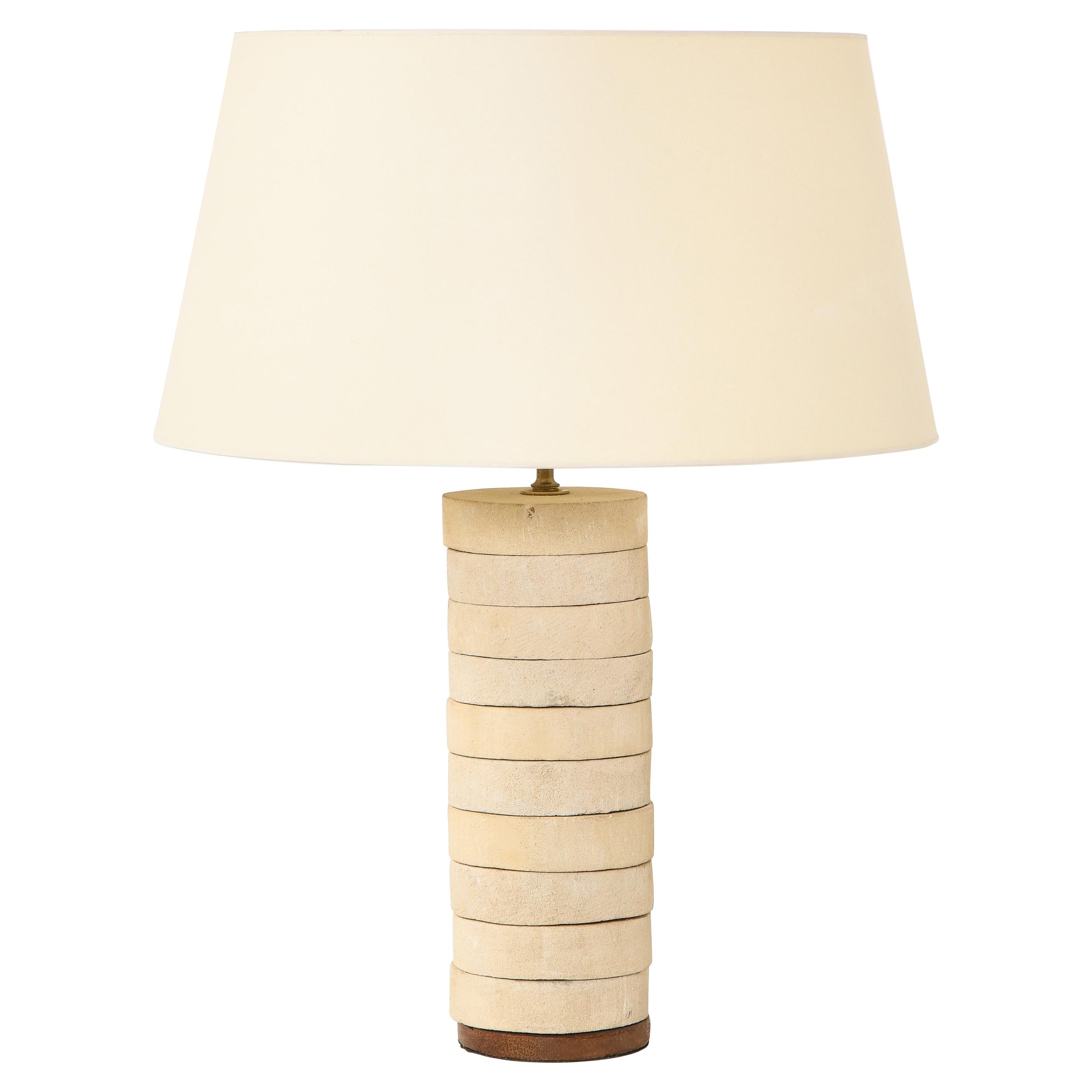 French Limestone Stack Table Lamp with Palm Wood Bases