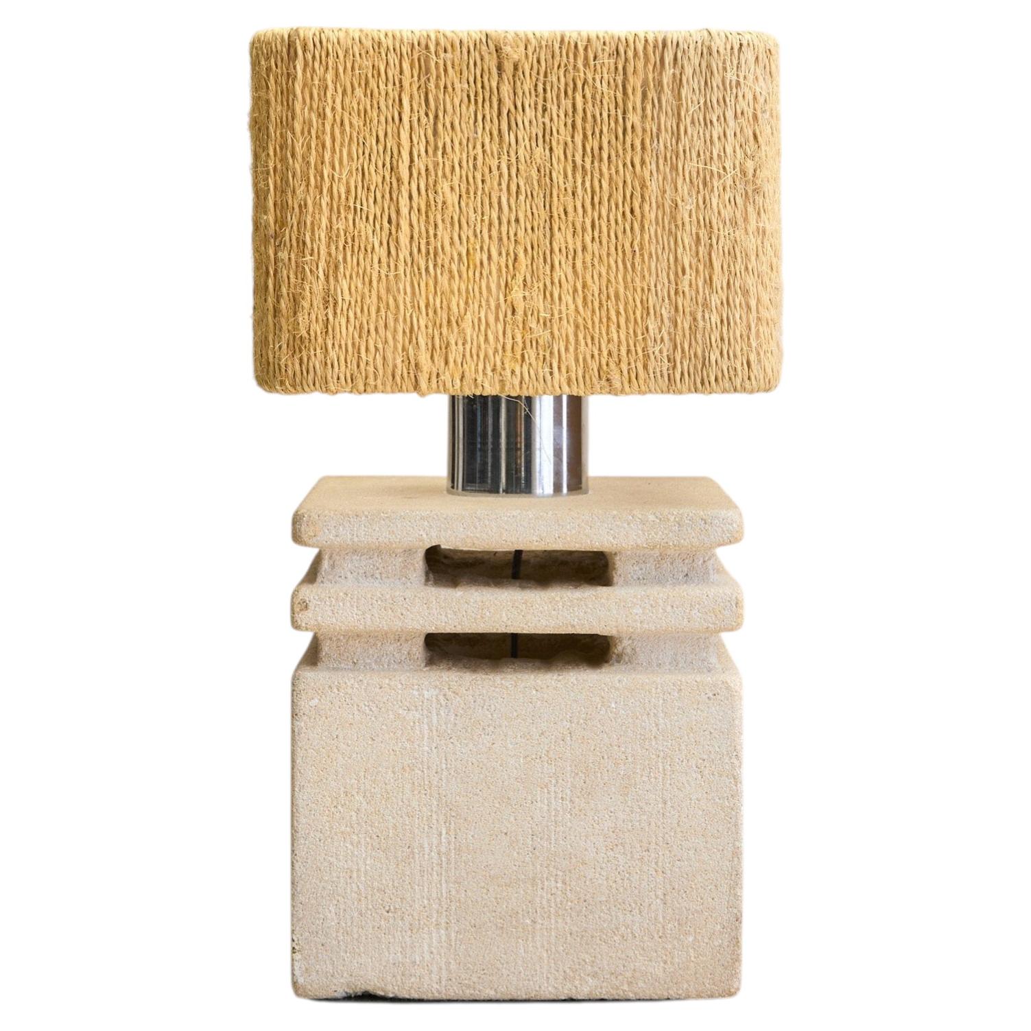 French Limestone Table Lamp with Shade by Albert Tormos, 1970s For Sale