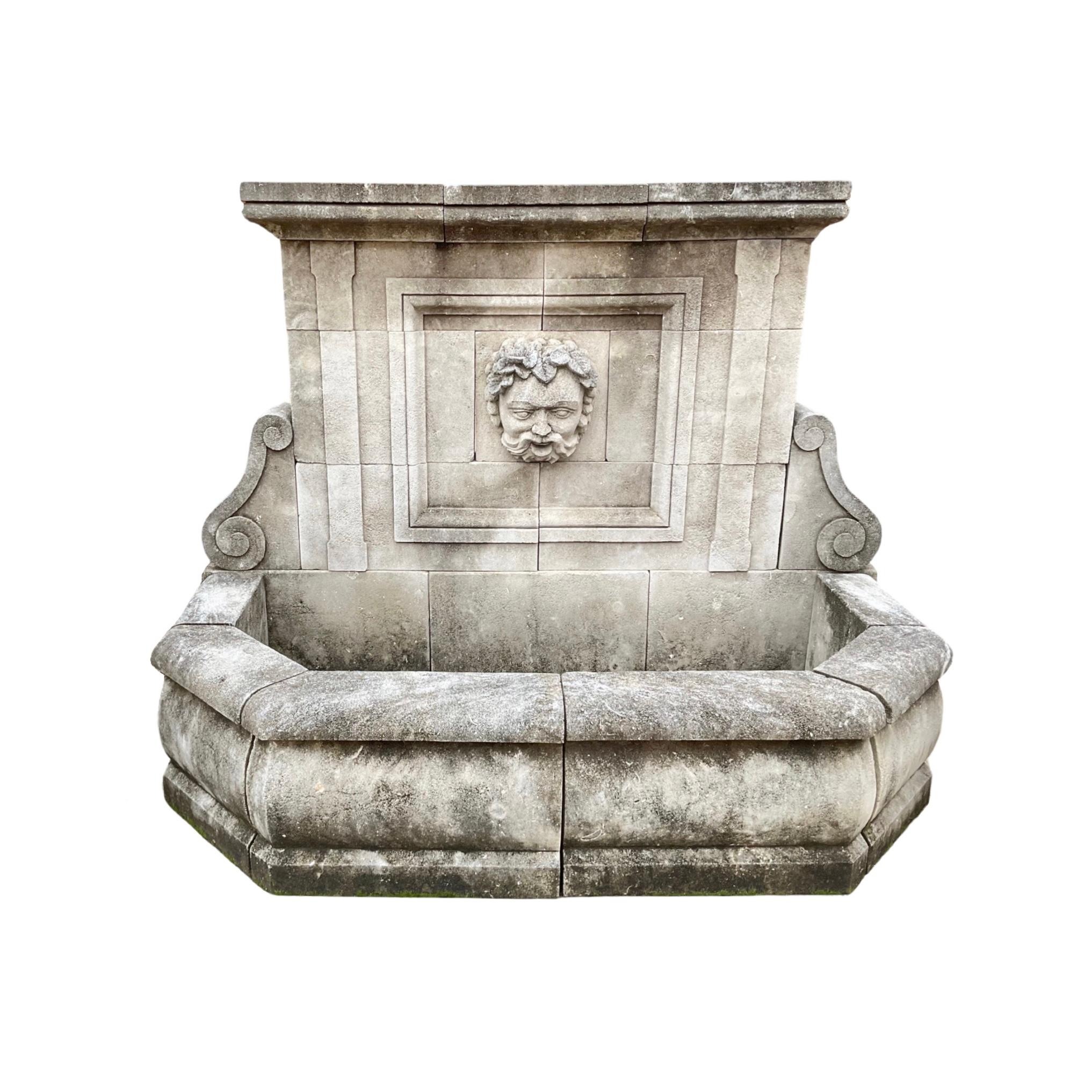 Add a touch of the Mediterranean to your project with our French Limestone Wall Fountain. Hand-carved with Classic French designs, including the Roman God of wine, Bacchus, this fountain is sure to impress. The curved basin wall, crown atop the