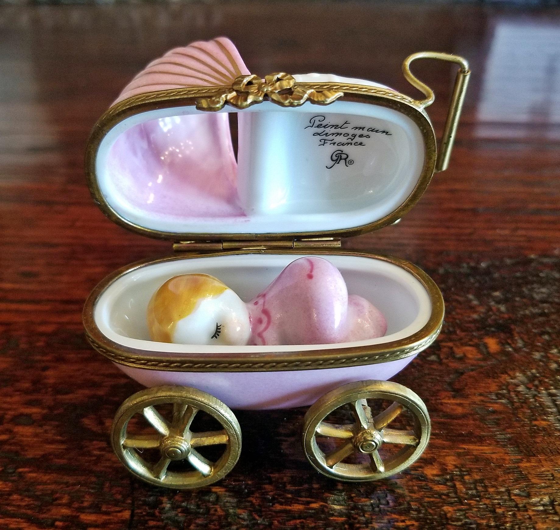 Edwardian French Limoges Baby Pram with Baby