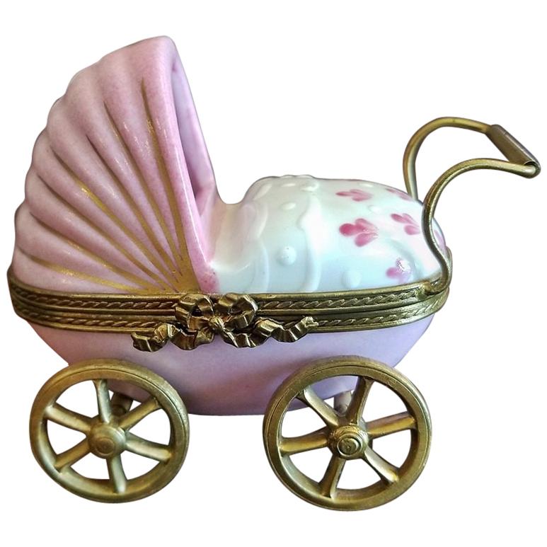 French Limoges Baby Pram with Baby
