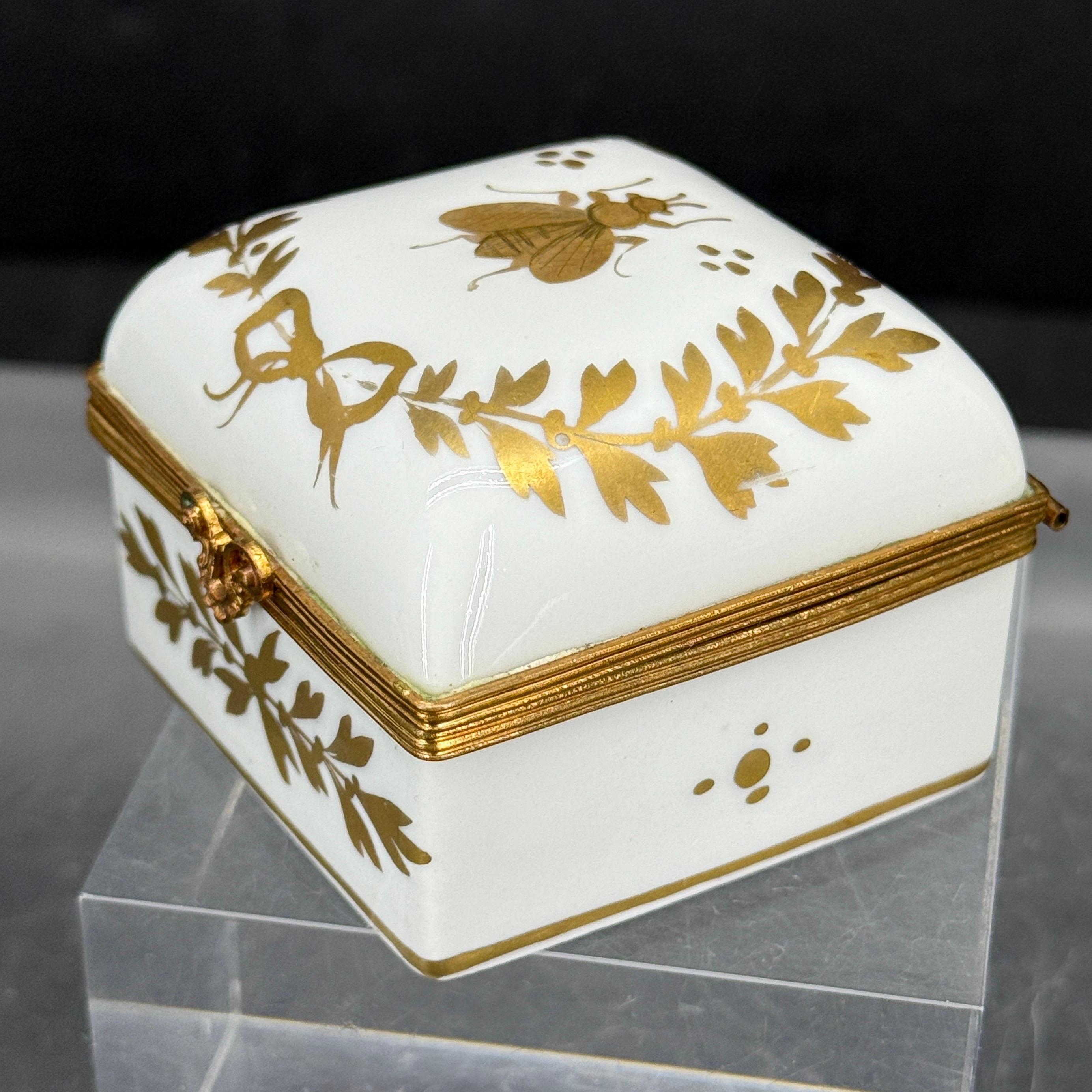 Französisch Limoges Biene Quadrat Porzellan vergoldet Trinket Schmuckkasten im Angebot 13