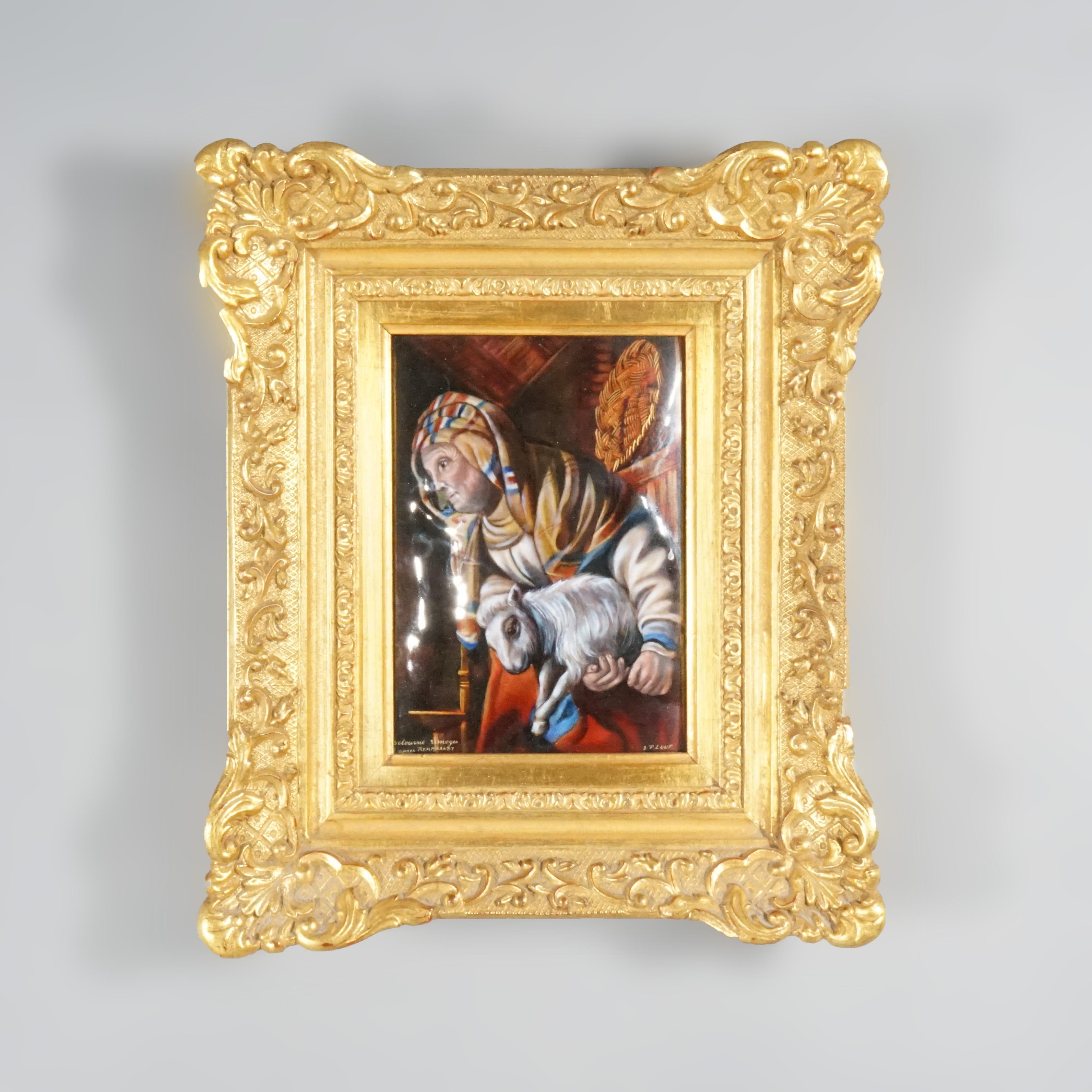 A French Limoges painting after Rembrandt offers enamel on copper scene with man and lamb, signed lower right as photographed, seated in giltwood frame, 20th century.

Measures- 12.75''H x 10.75''W x 2''D; 6.25'' x 8'' sight