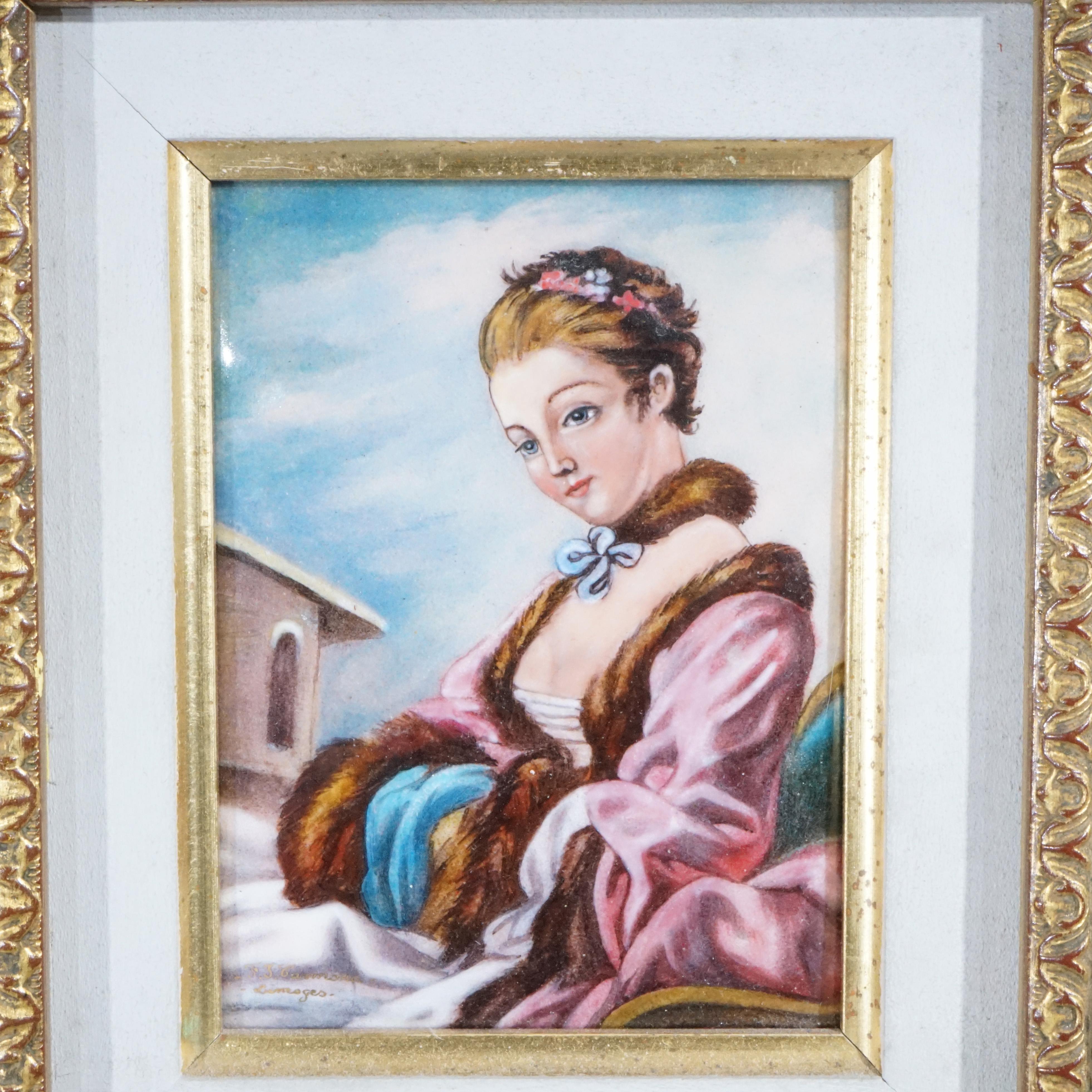 A French Limoges painting offers enamel on copper portrait of a woman in outdoor setting, seated in giltwood frame, 20th century.

Measures- 10.5'' H x 9.5'' W x 1.75'' D; 2 sites; sight 5'' H x 3.75'', 7'' H x 5.75''.