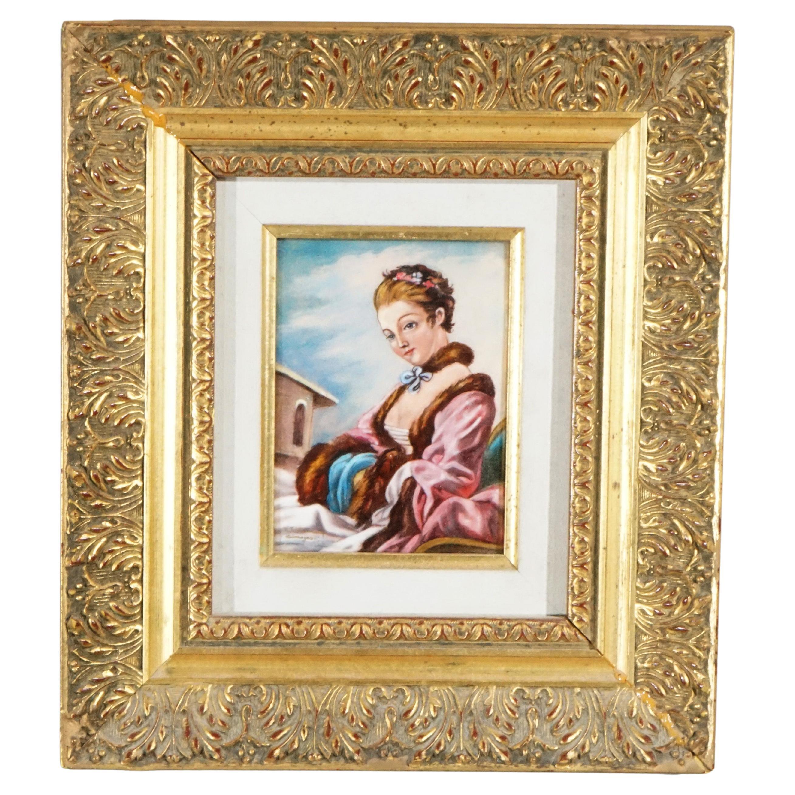 French Limoges Enamel on Copper Portrait Painting of a Woman, 20th C For Sale