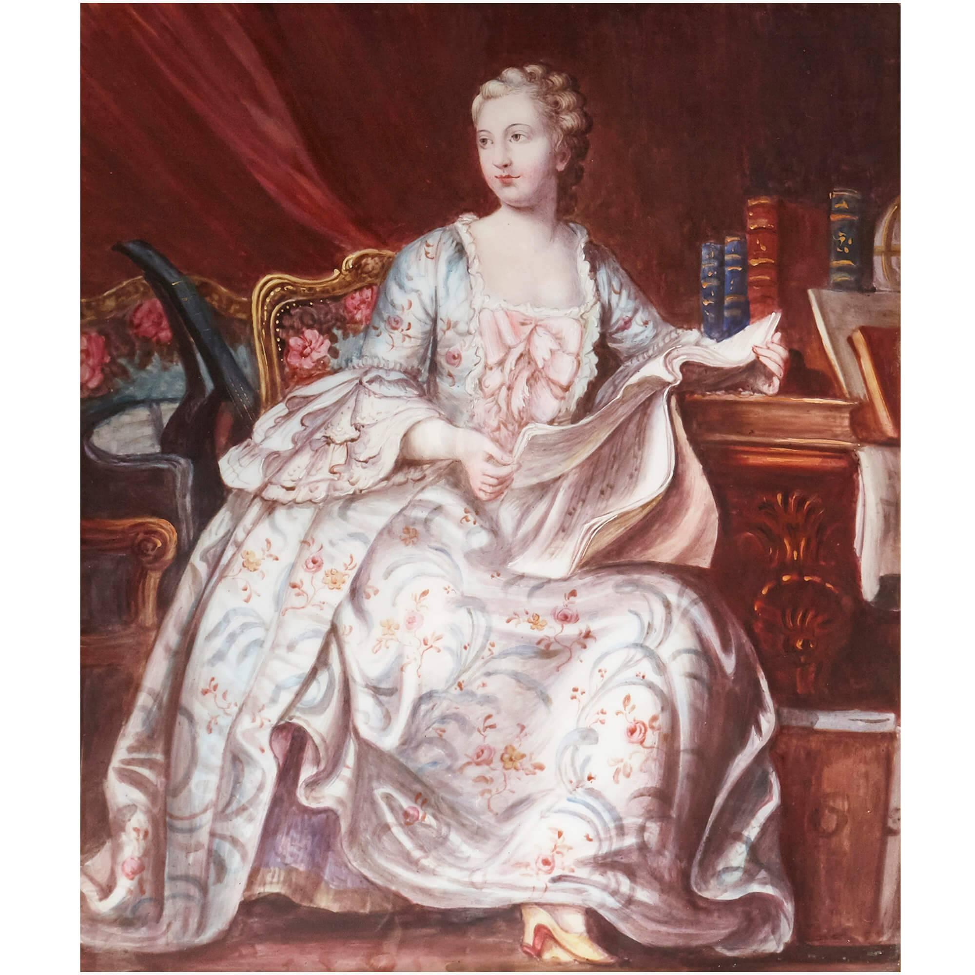 This Limoges enamel plaque depicts the favourite mistress of King Louis XV of France, Madame de Pompadour. Well-known and loved for her contribution as patron of the arts, de Pompadour was an erudite, well-ready companion to the King, and regularly