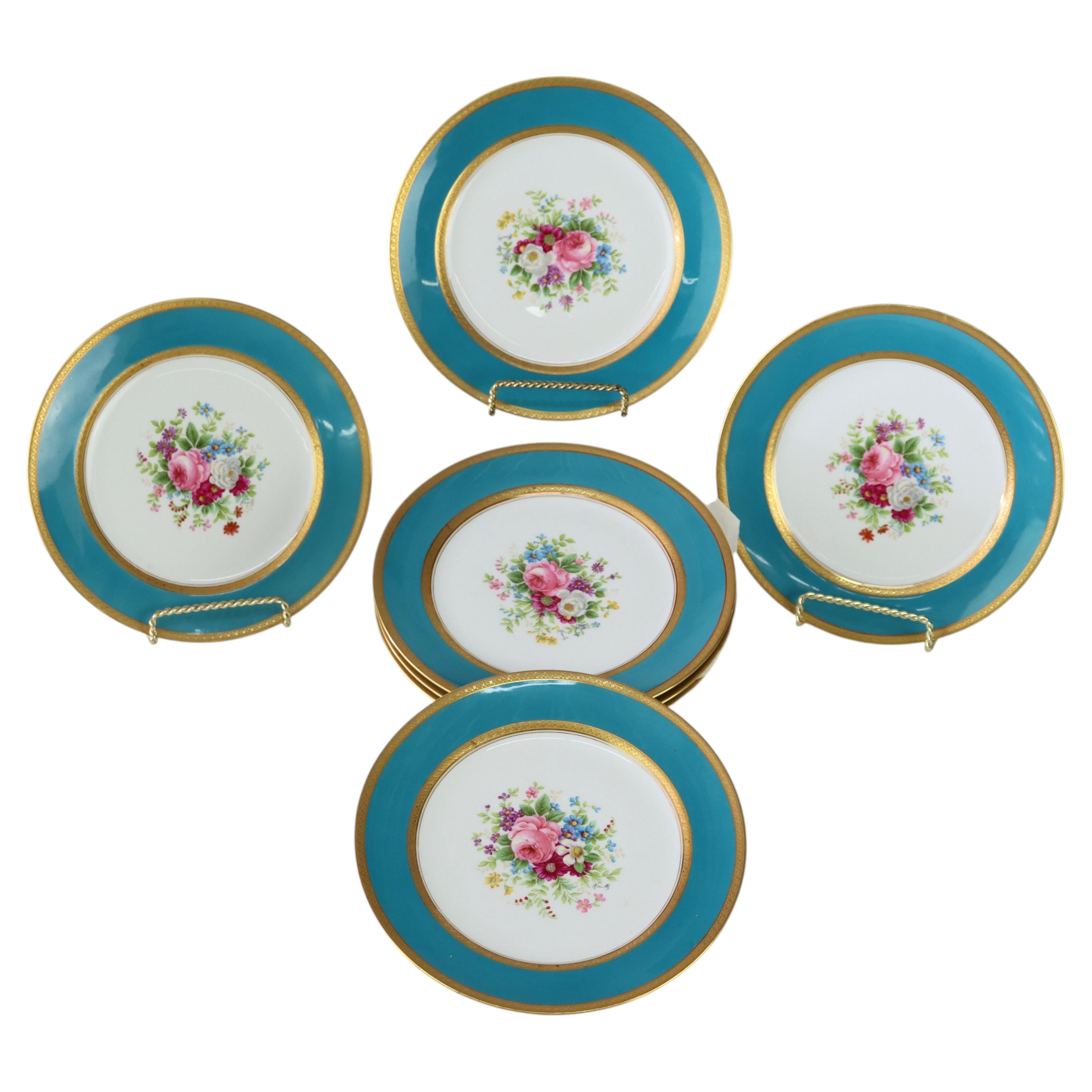 French Limoges Floral Decorated Porcelain Luncheon Plates c1900