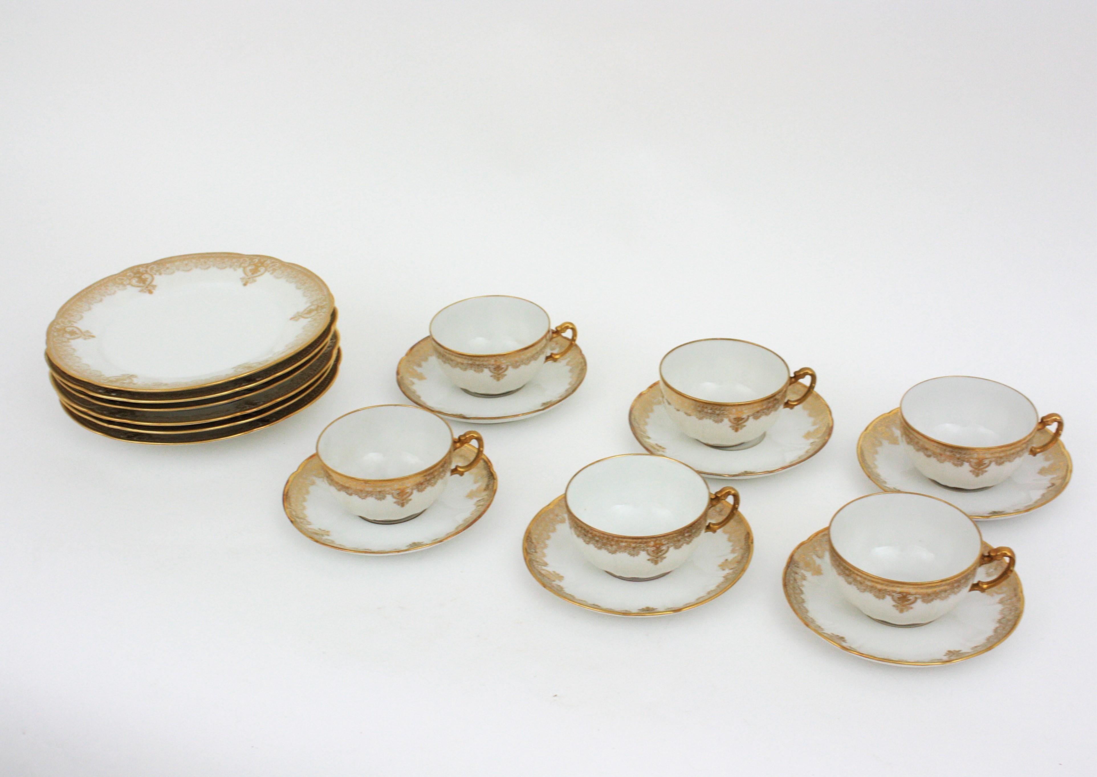 Empire Revival French Limoges Gold Gilt Porcelain Coffee Tea Dessert Service for Six For Sale