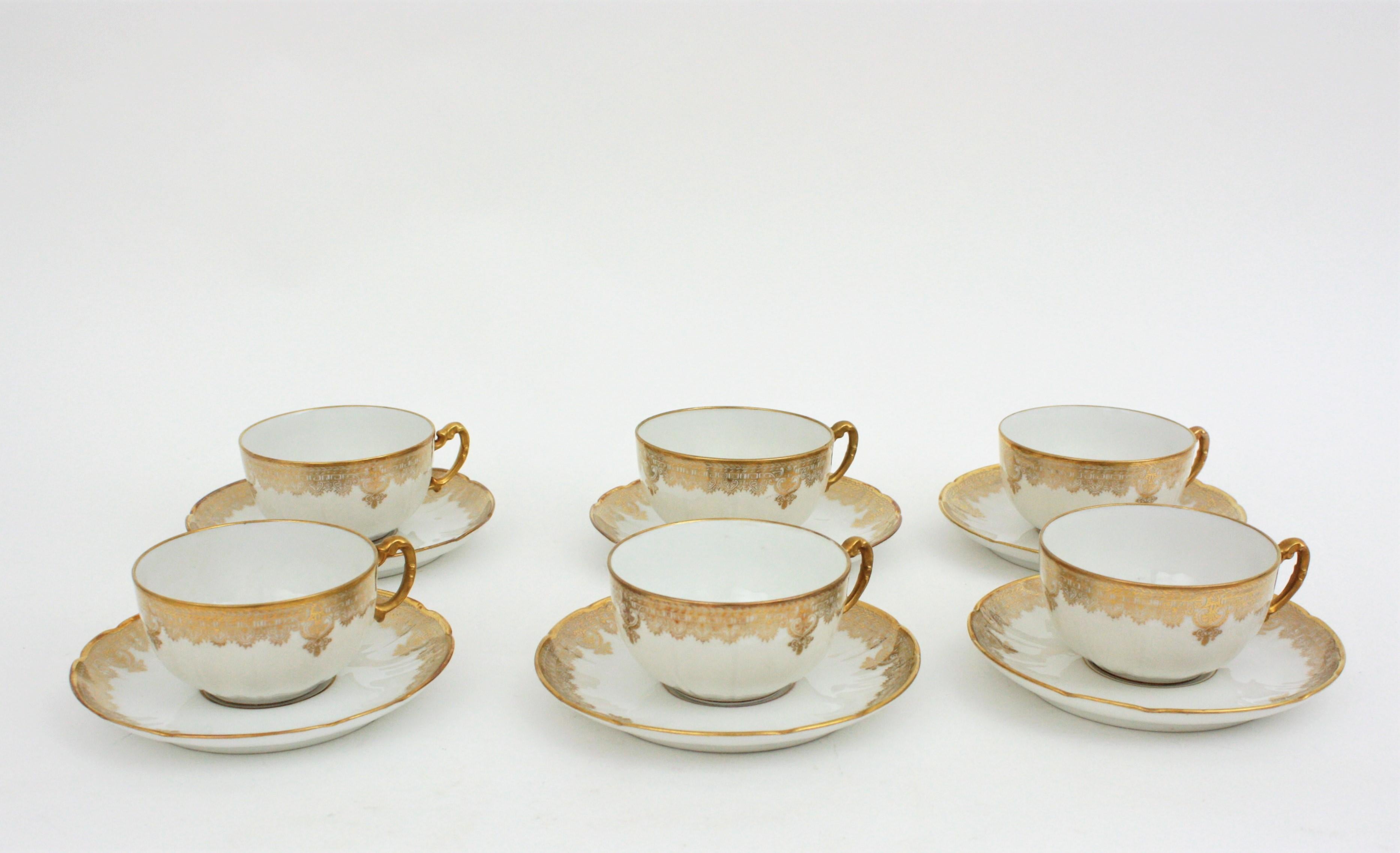 French Limoges Gold Gilt Porcelain Coffee Tea Dessert Service for Six For Sale 1