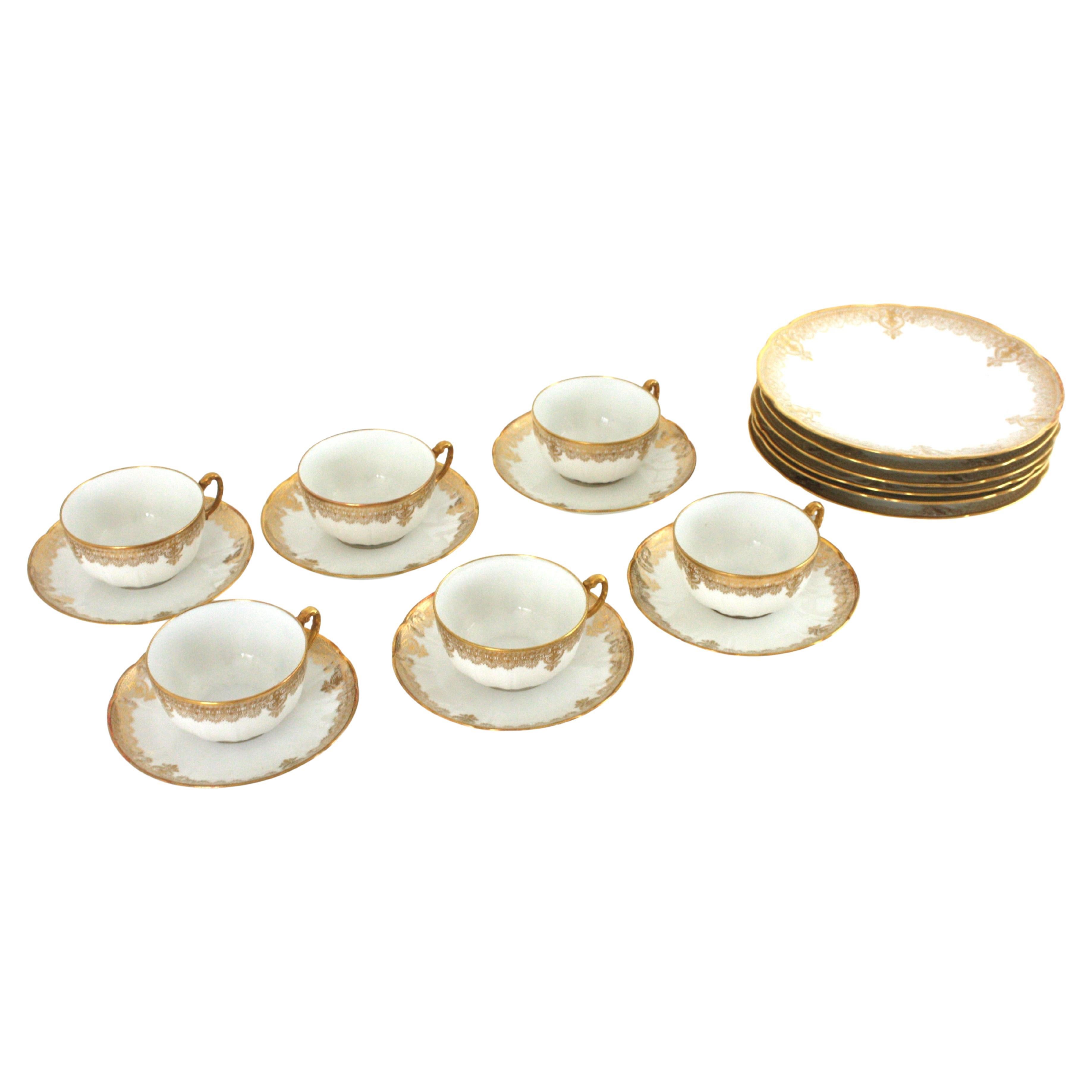 Servicio de postre de café y té de porcelana dorada francesa de Limoges para seis personas