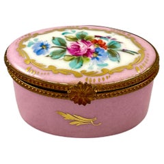 French Limoges Hand Painted Pink Floral Oval Trinket Box