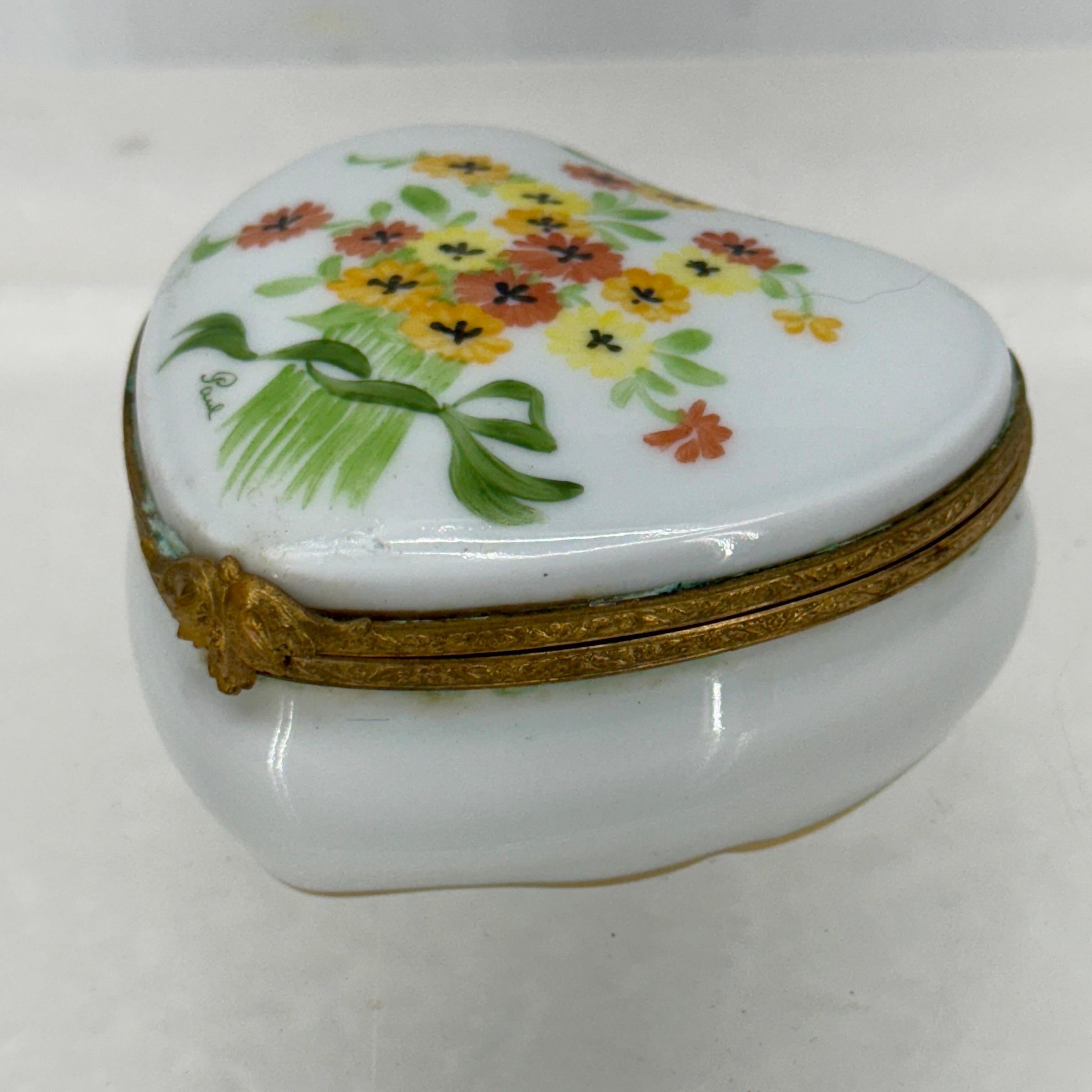 French Provincial French Limoges Heart Shaped Floral Trinket Box For Sale