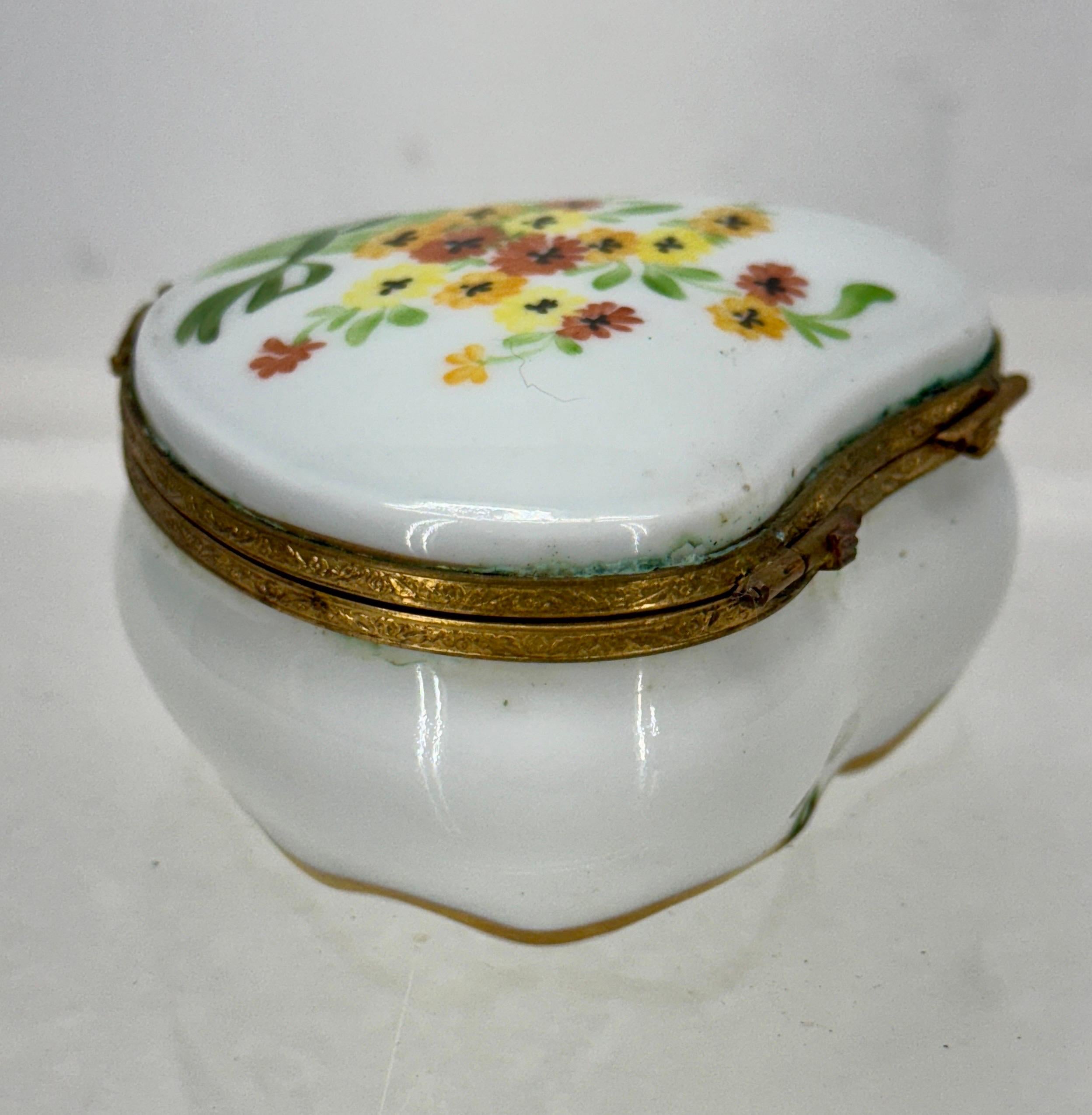 Hand-Crafted French Limoges Heart Shaped Floral Trinket Box For Sale