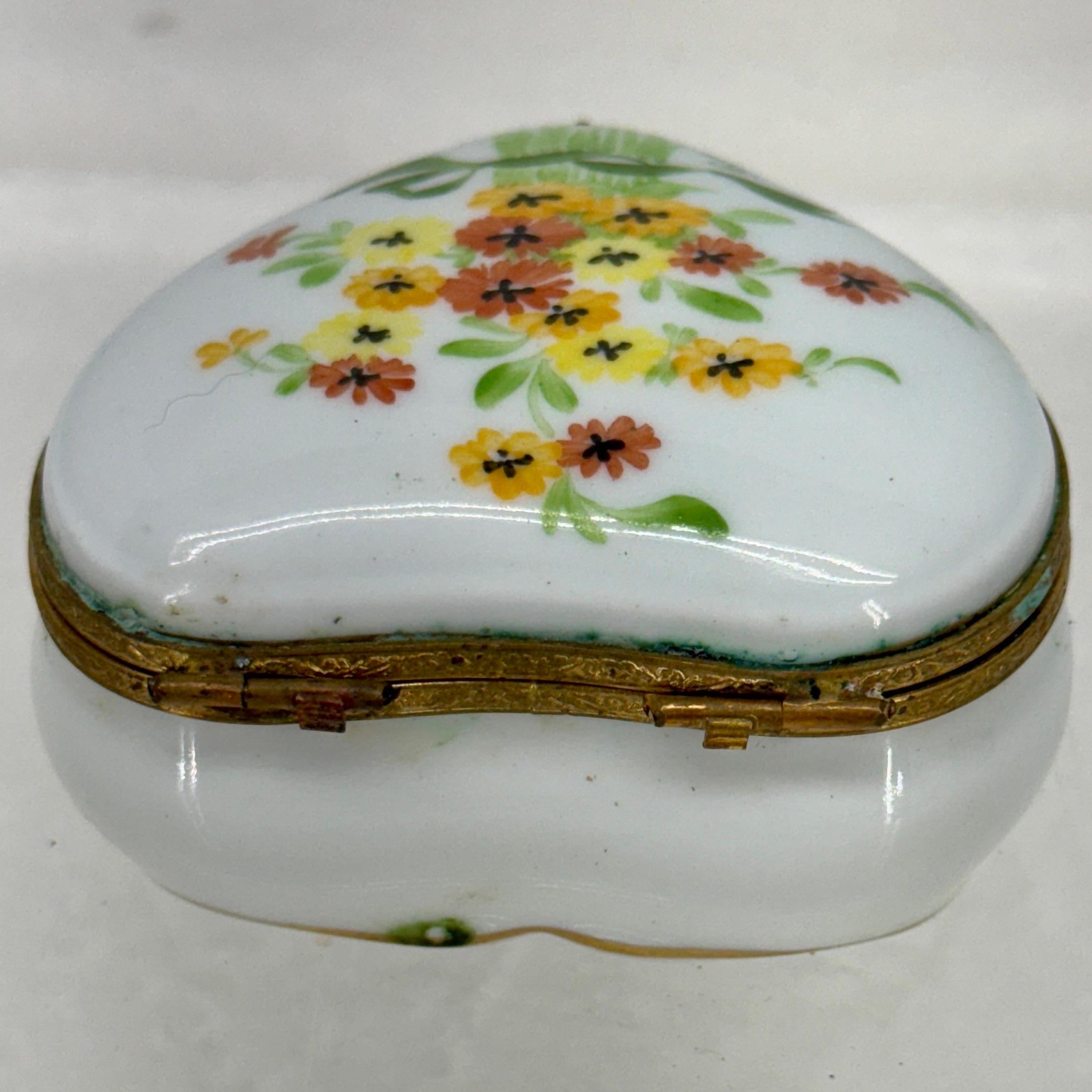 20th Century French Limoges Heart Shaped Floral Trinket Box For Sale