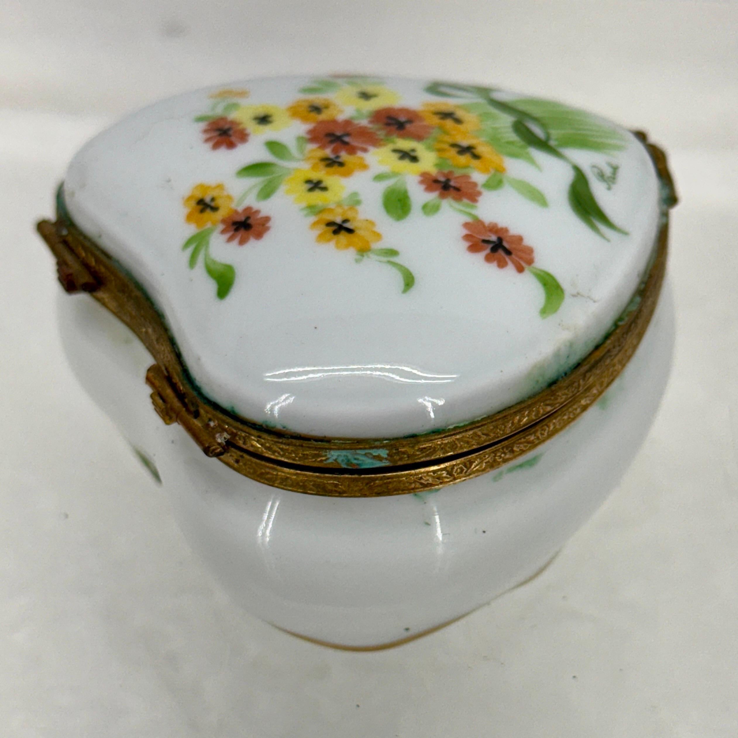 Gold French Limoges Heart Shaped Floral Trinket Box For Sale