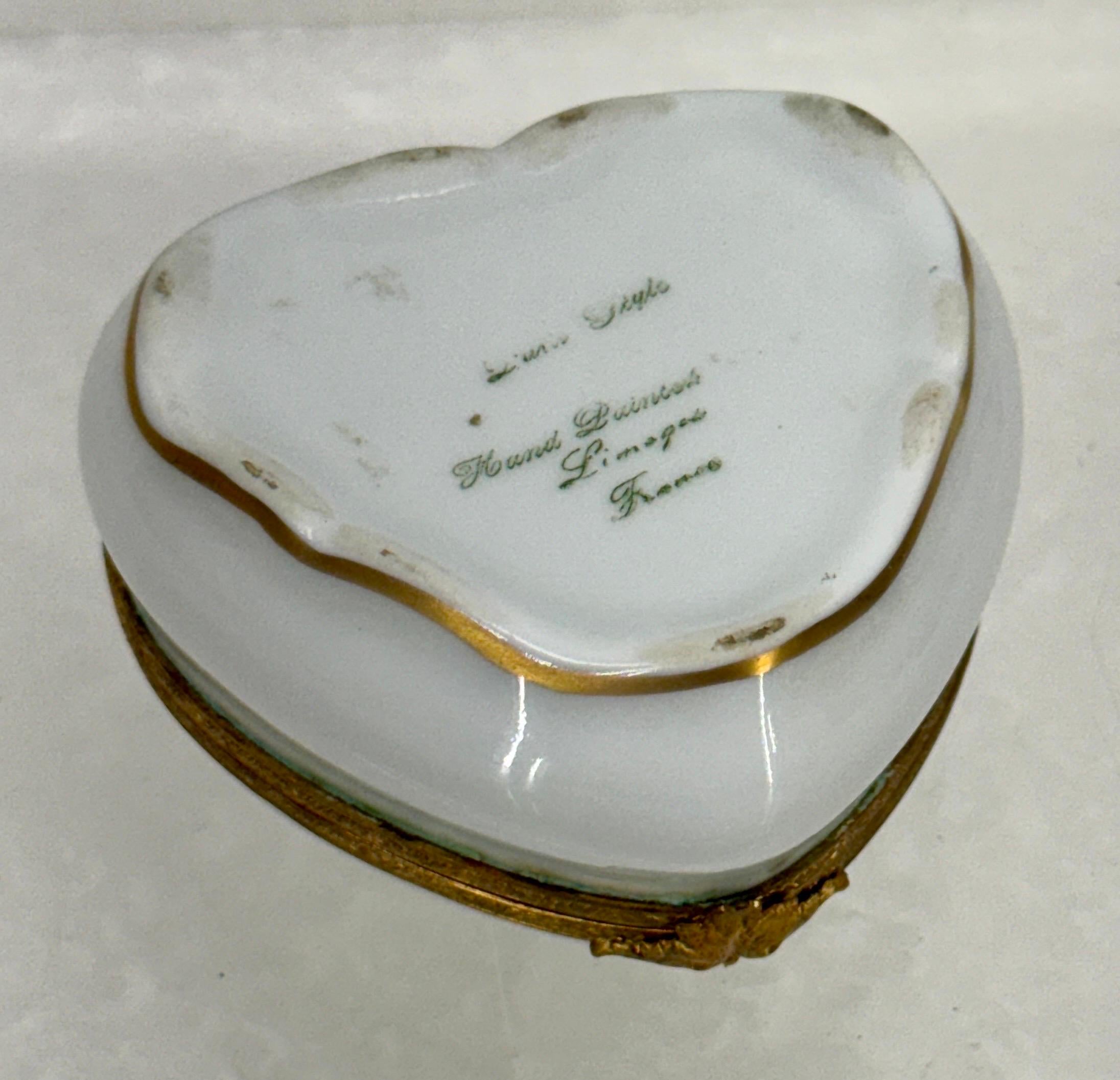 French Limoges Heart Shaped Floral Trinket Box For Sale 1