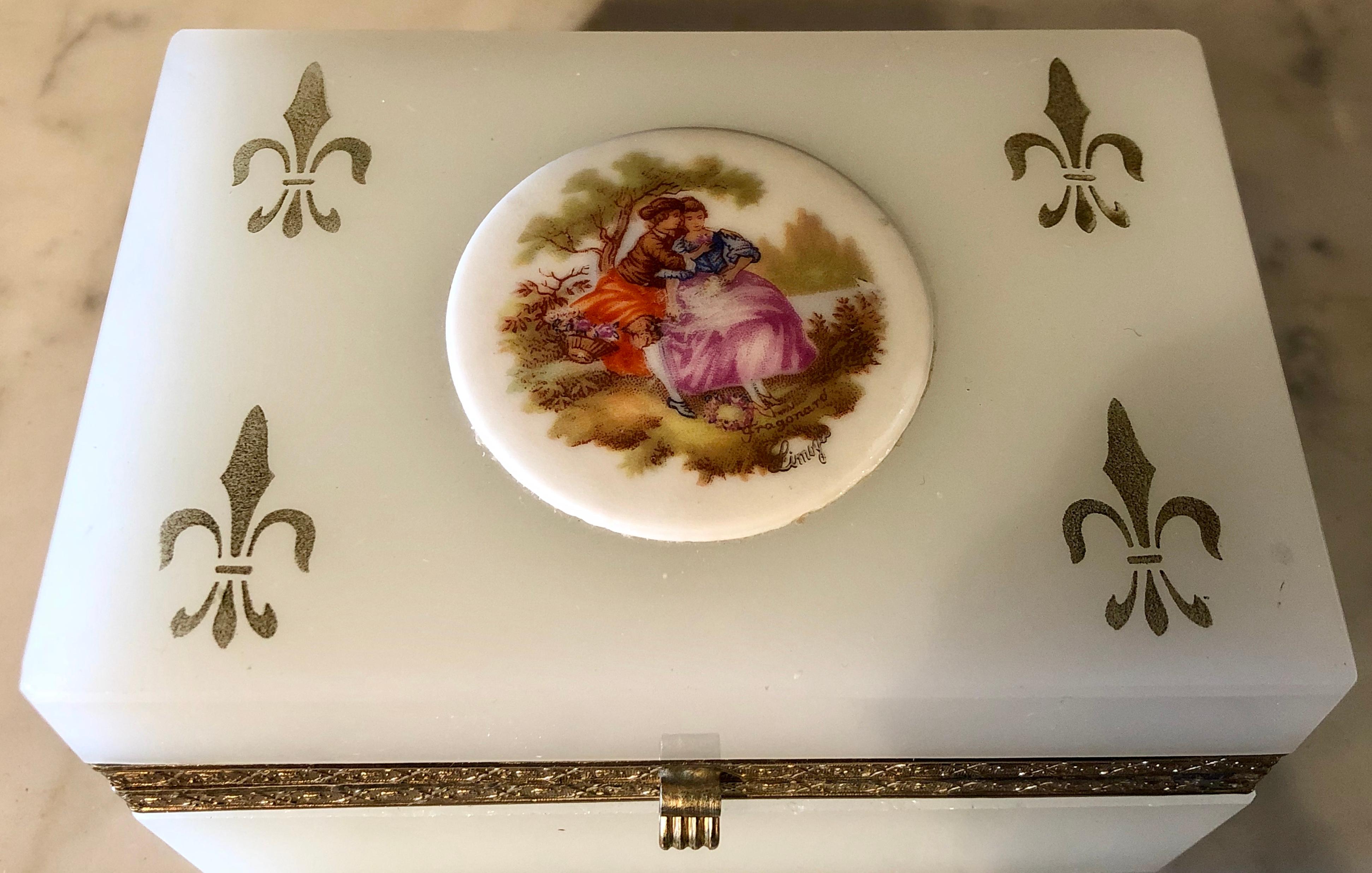 Belle Époque French Limoges Opalescent Glass Vanity Casket Box with Porcelain Plaque