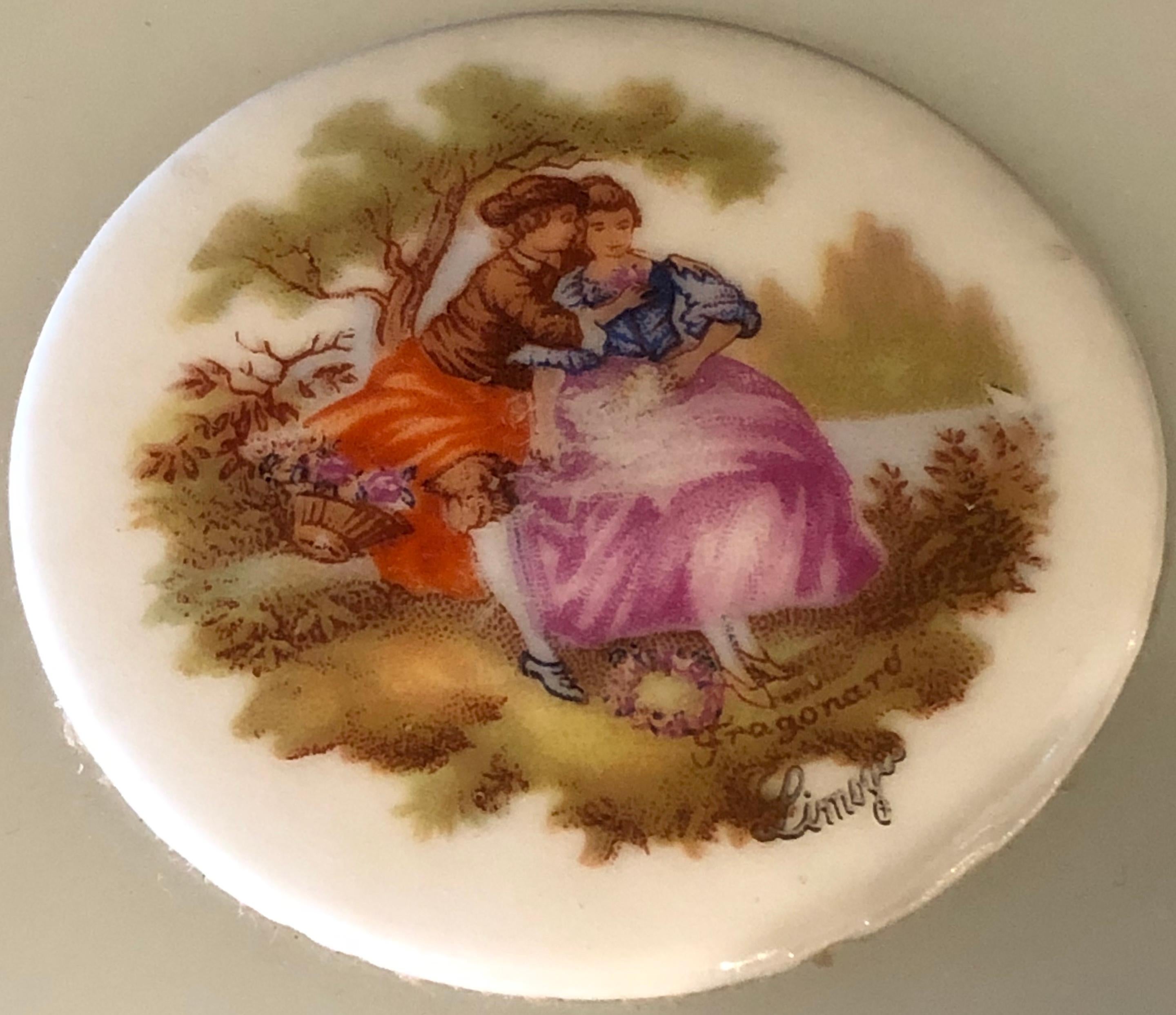 French Limoges Opalescent Glass Vanity Casket Box with Porcelain Plaque In Good Condition In Manhasset, NY