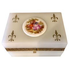 Vintage French Limoges Opalescent Glass Vanity Casket Box with Porcelain Plaque