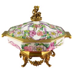 French Limoges Octagonal Hand Painted Porcelain Lidded Centerpiece with Putti