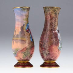 French Limoges Pair of Hand Painted Enamel Vases, circa 1910