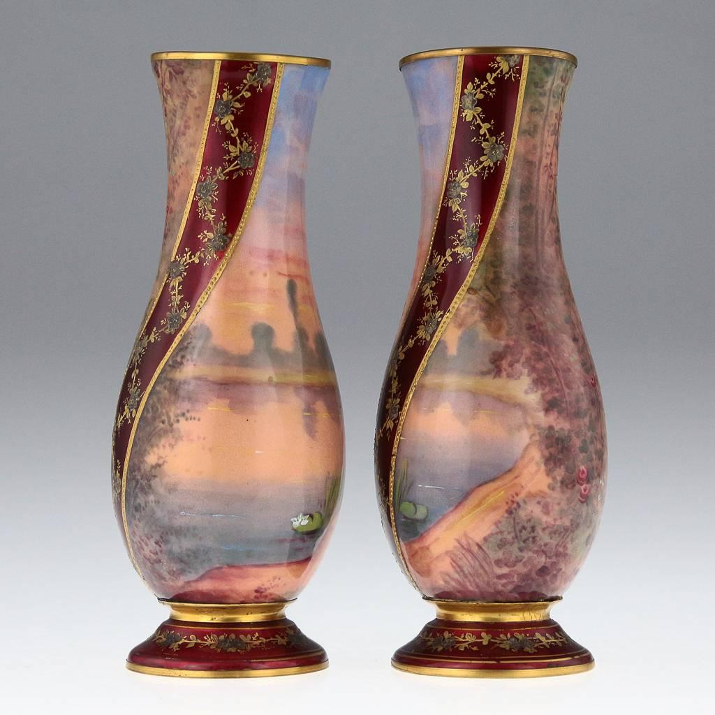 Rococo French Limoges Pair of Hand Painted Enamel Vases, circa 1910
