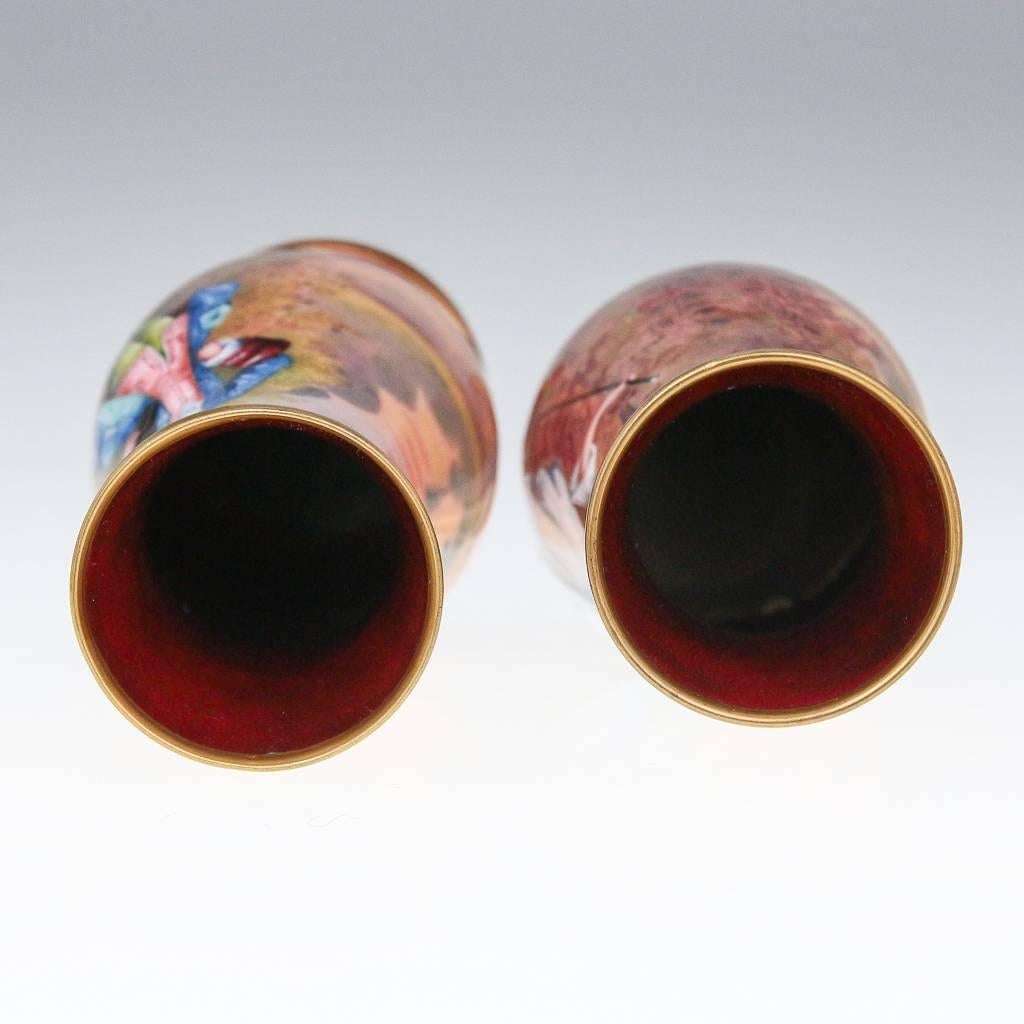 French Limoges Pair of Hand Painted Enamel Vases, circa 1910 In Good Condition In Royal Tunbridge Wells, Kent