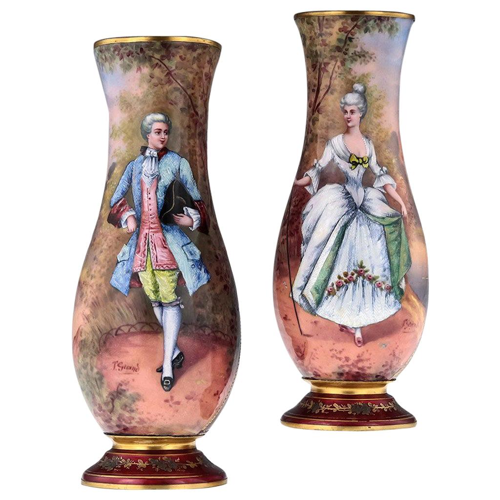 French Limoges Pair of Hand Painted Enamel Vases, circa 1910