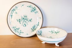 French Limoges Porcelain Bowl with Green Bouquet of Roses and Underplate