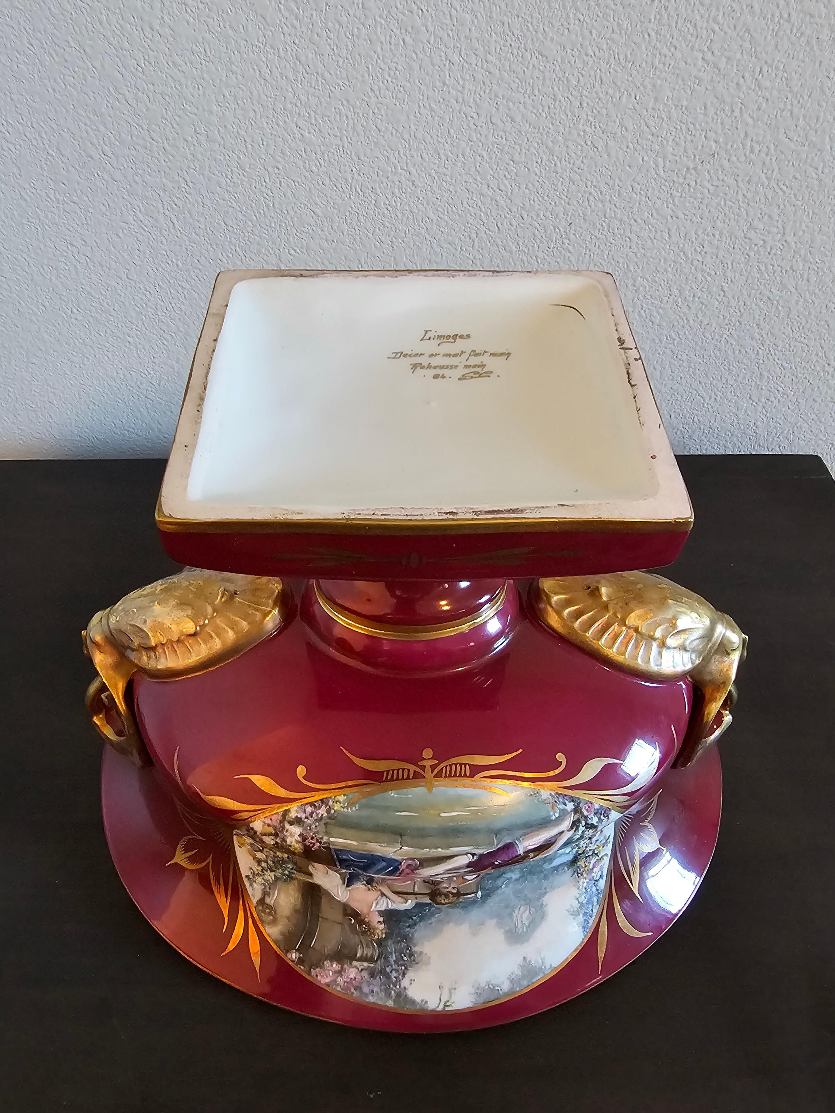 Französisch Limoges Porzellan Burgund vergoldet Swan Handle Tafelaufsatz signiert SC im Angebot 10