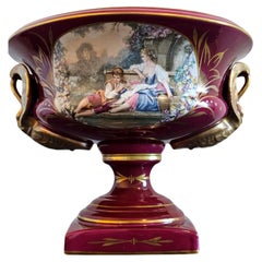 French Limoges Porcelain Burgundy Gilt Swan Handle Centerpiece Signed SC