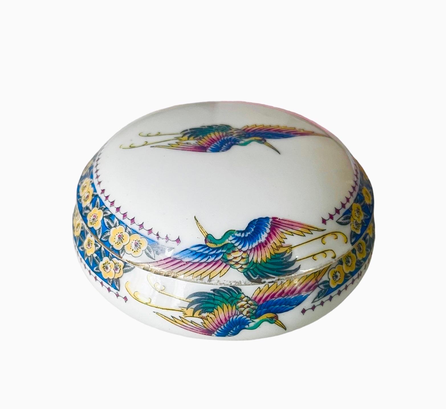 French Provincial French Limoges porcelain candy box decorated with colorful peacocks - France For Sale