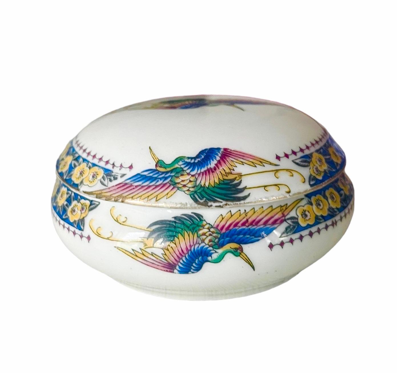 French Limoges porcelain candy box decorated with colorful peacocks - France For Sale 1