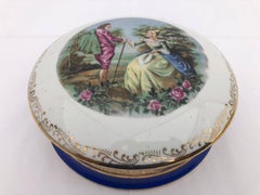 French Limoges Porcelain Candy Box with Blue and Gold Trim, Fragonard like Scene