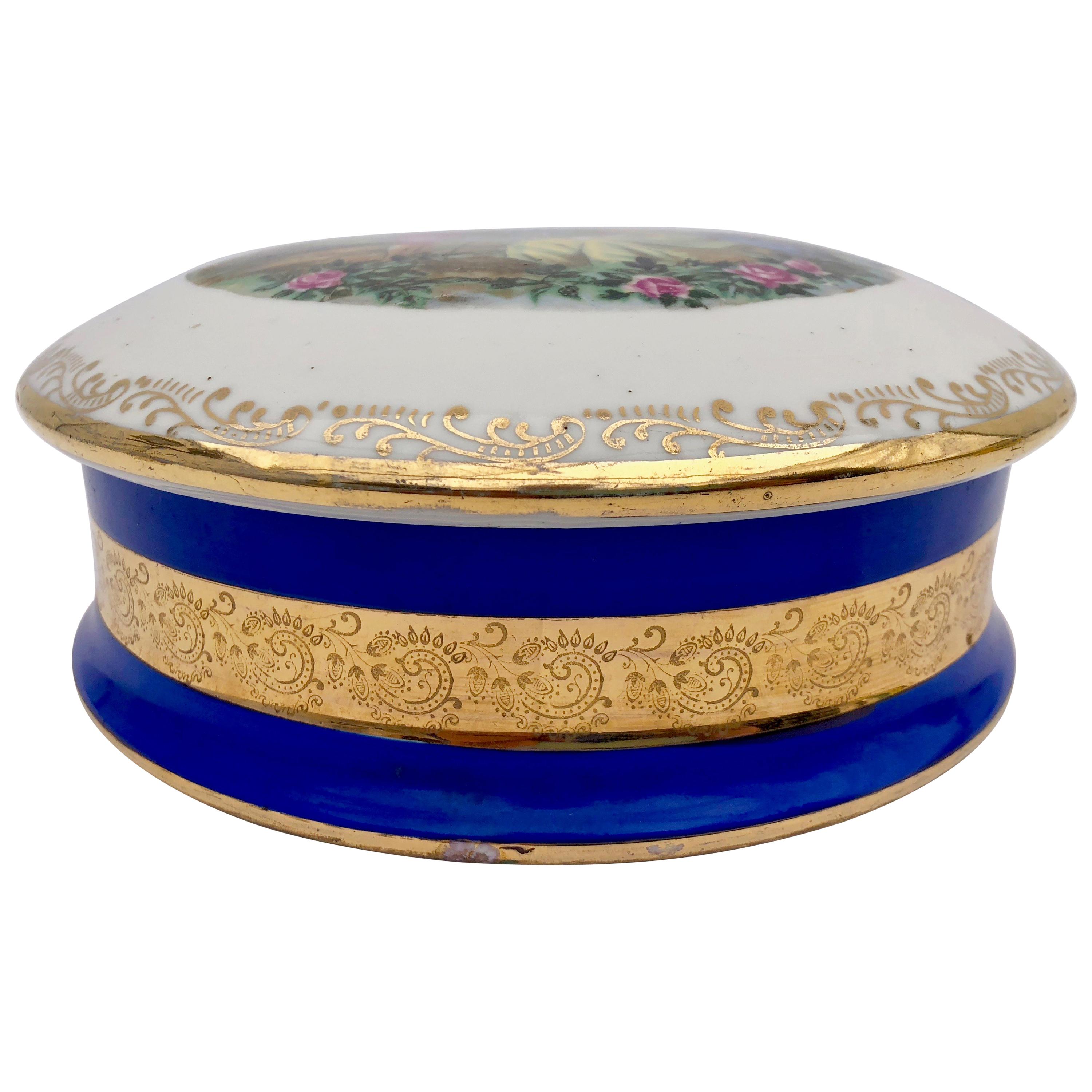 French Limoges Porcelain Candy Box with Blue and Gold Trim, Fragonard like Scene For Sale