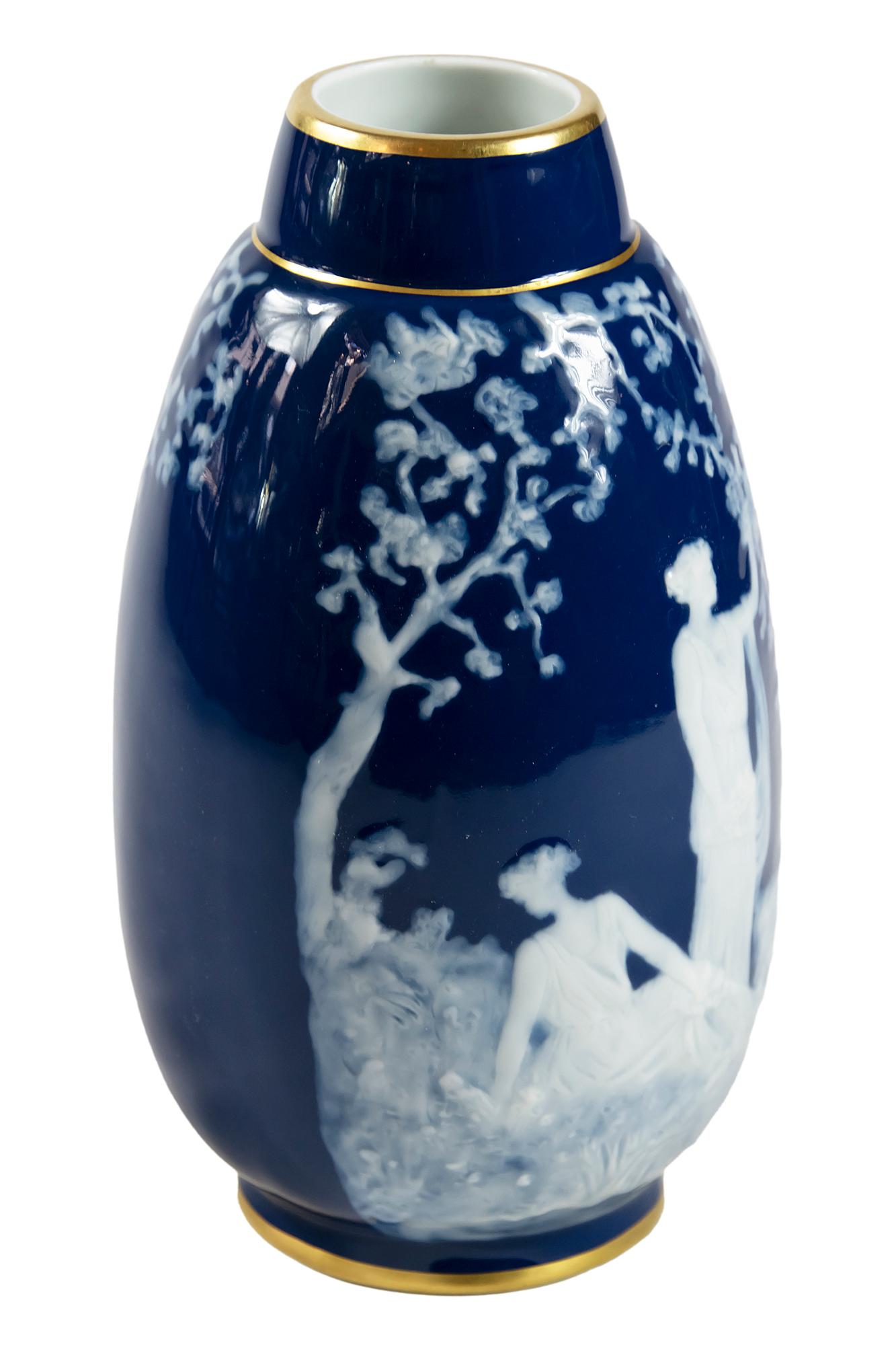Gilt French Limoges Porcelain Cobalt Blue Pate-Sur-Pate Vase For Sale