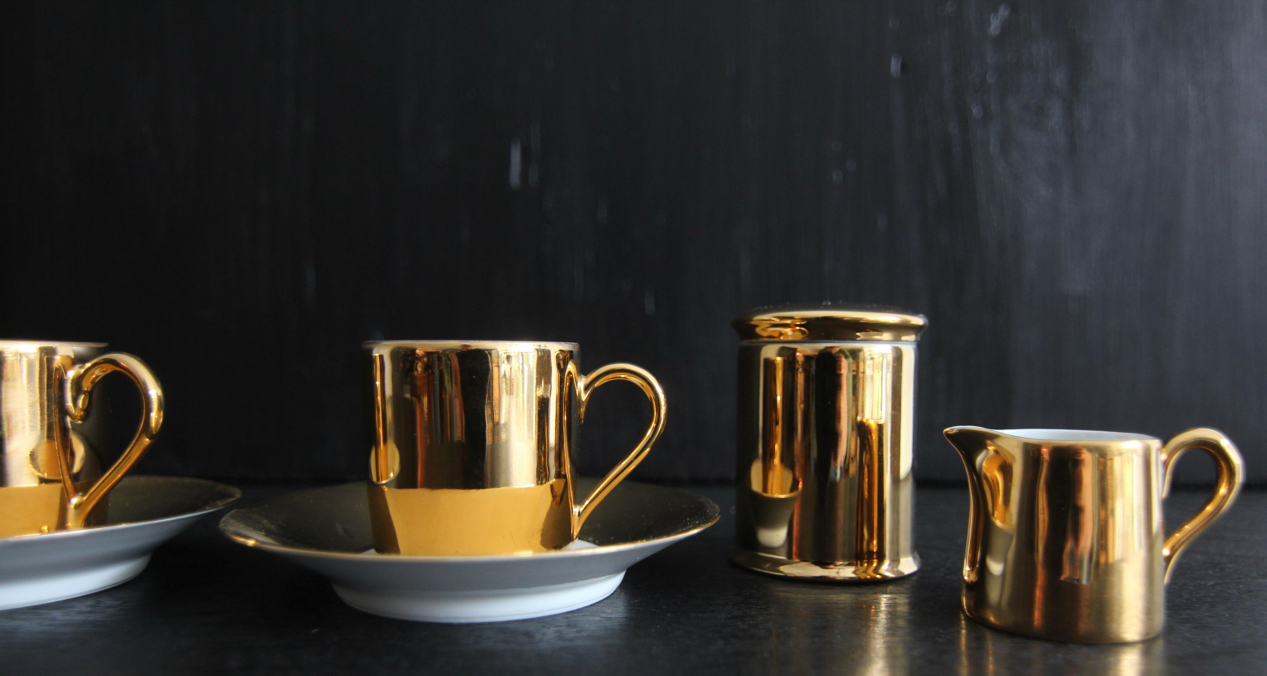 French Limoges Porcelain de Paris Apilco Platin Golden Mocha or Espresso Set 6