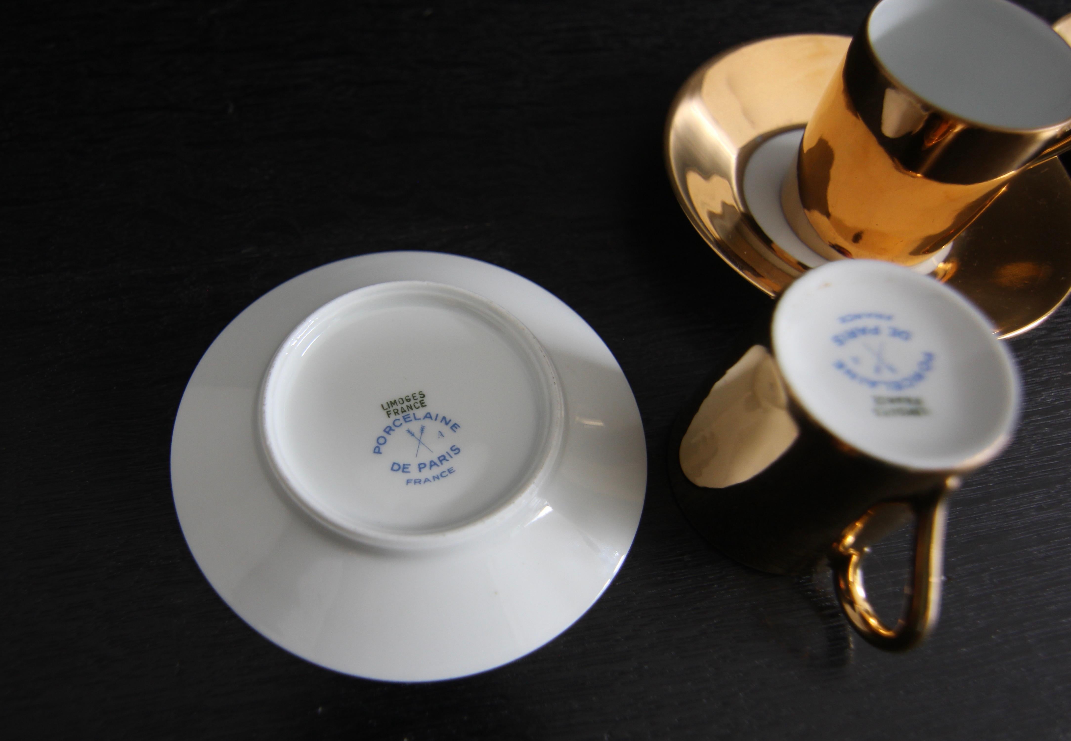 French Limoges Porcelain de Paris Apilco Platin Golden Mocha or Espresso Set 10