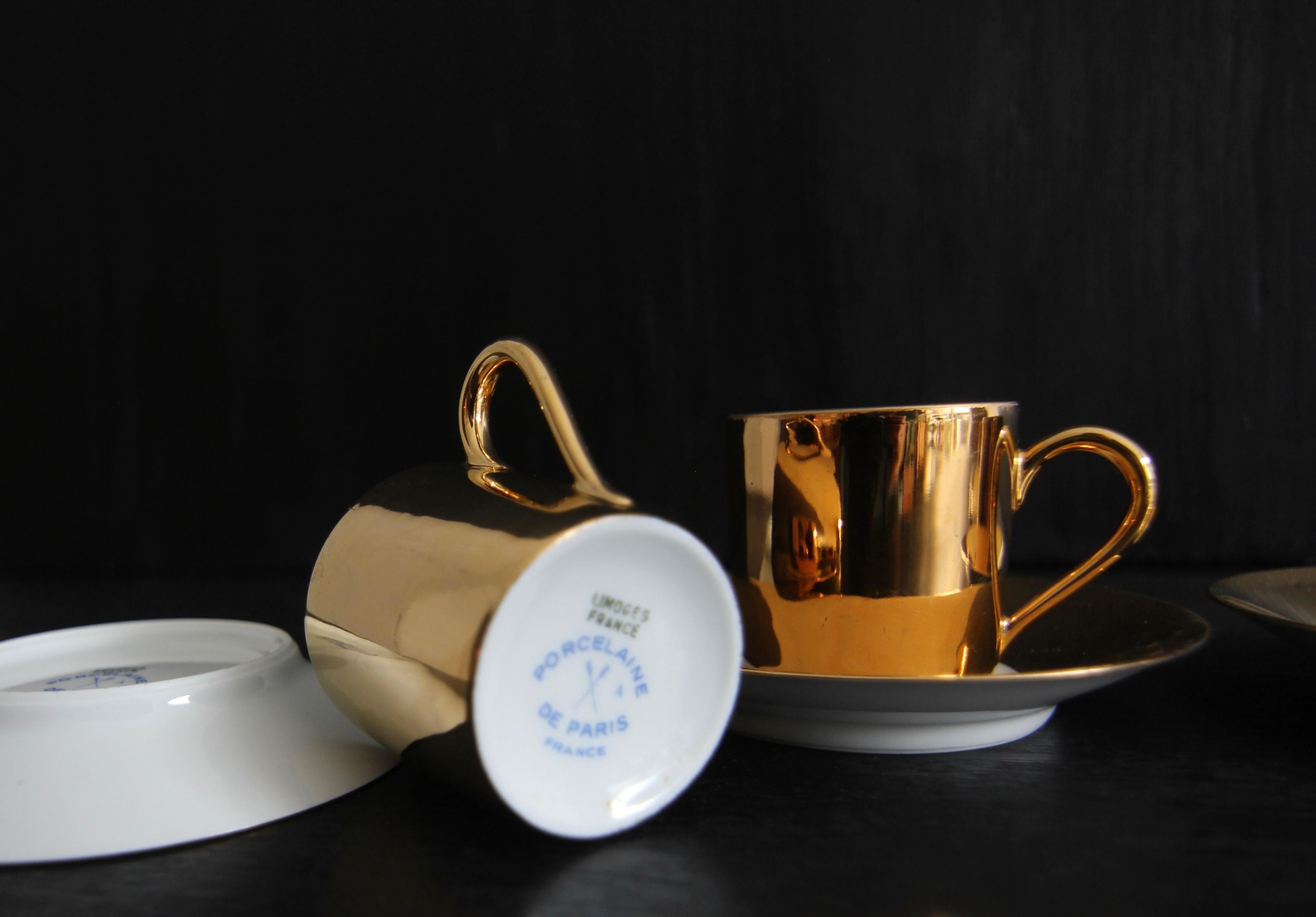 French Limoges Porcelain de Paris Apilco Platin Golden Mocha or Espresso Set 11
