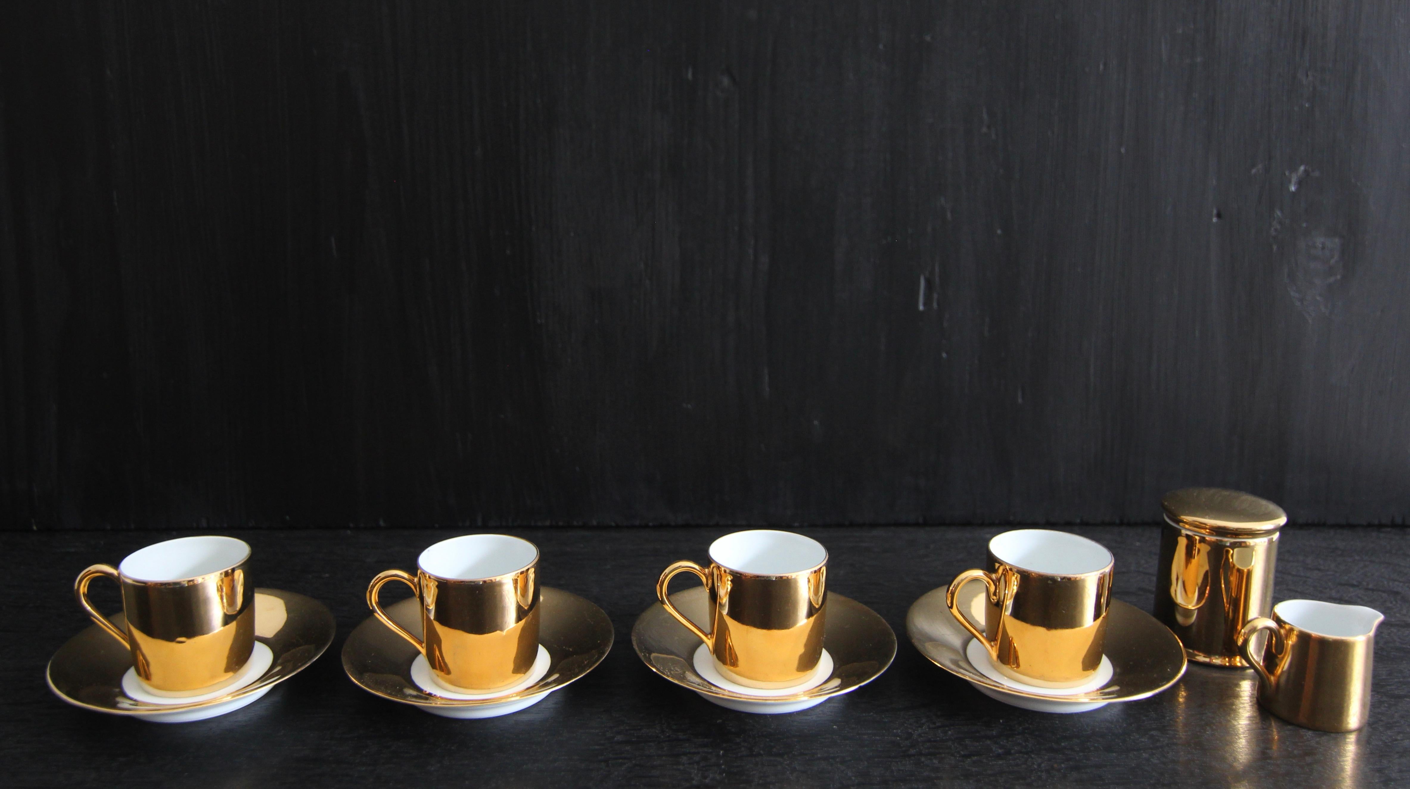 French Limoges Porcelain de Paris Apilco Platin Golden Mocha or Espresso Set 12