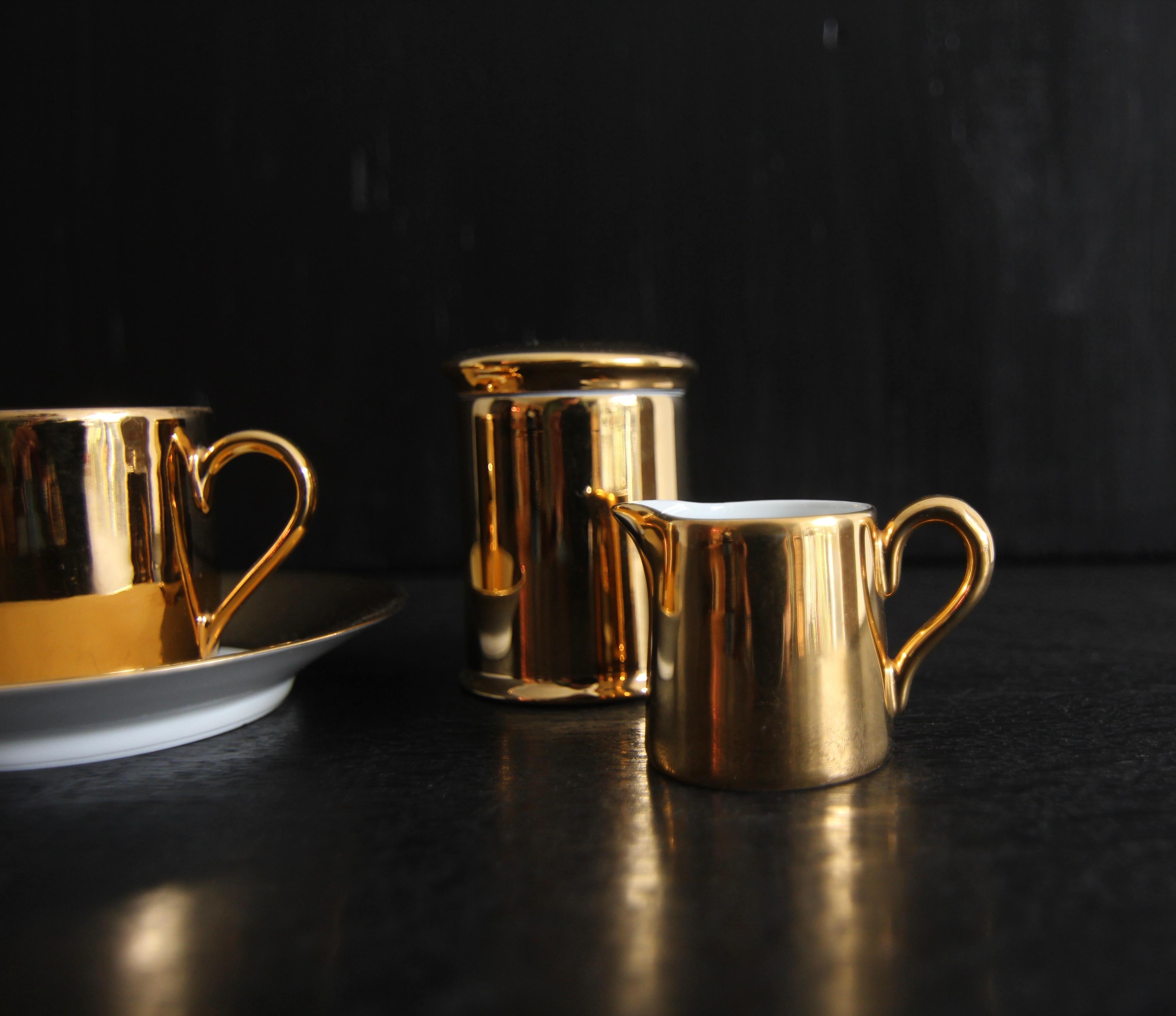 French Limoges Porcelain de Paris Apilco Platin Golden Mocha or Espresso Set 5
