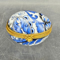 French Limoges Porcelain Oval Blue White Trinket Box